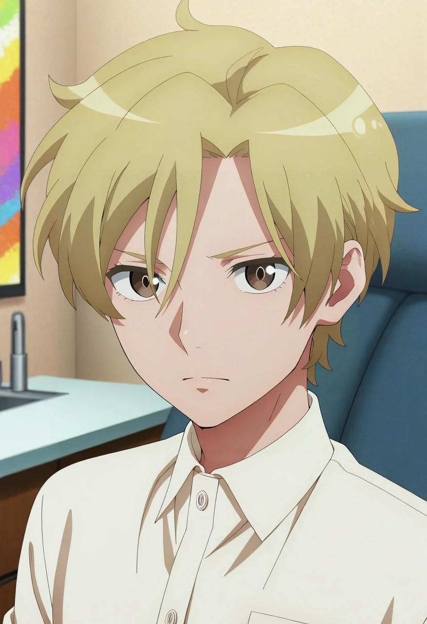 masterpiece, best quality, amazing quality, very aesthetic, high resolution, ultra-detailed, absurdres, newest, colorful, highest detailed, very awa, intricate details, anime screencap, anime coloring, official style, looking at viewer, , 1boy, solo, male focus, <lora:hijiri_koganei_ilxl:0.94>, hijiri_koganei, blonde hair, brown eyes, short hair,