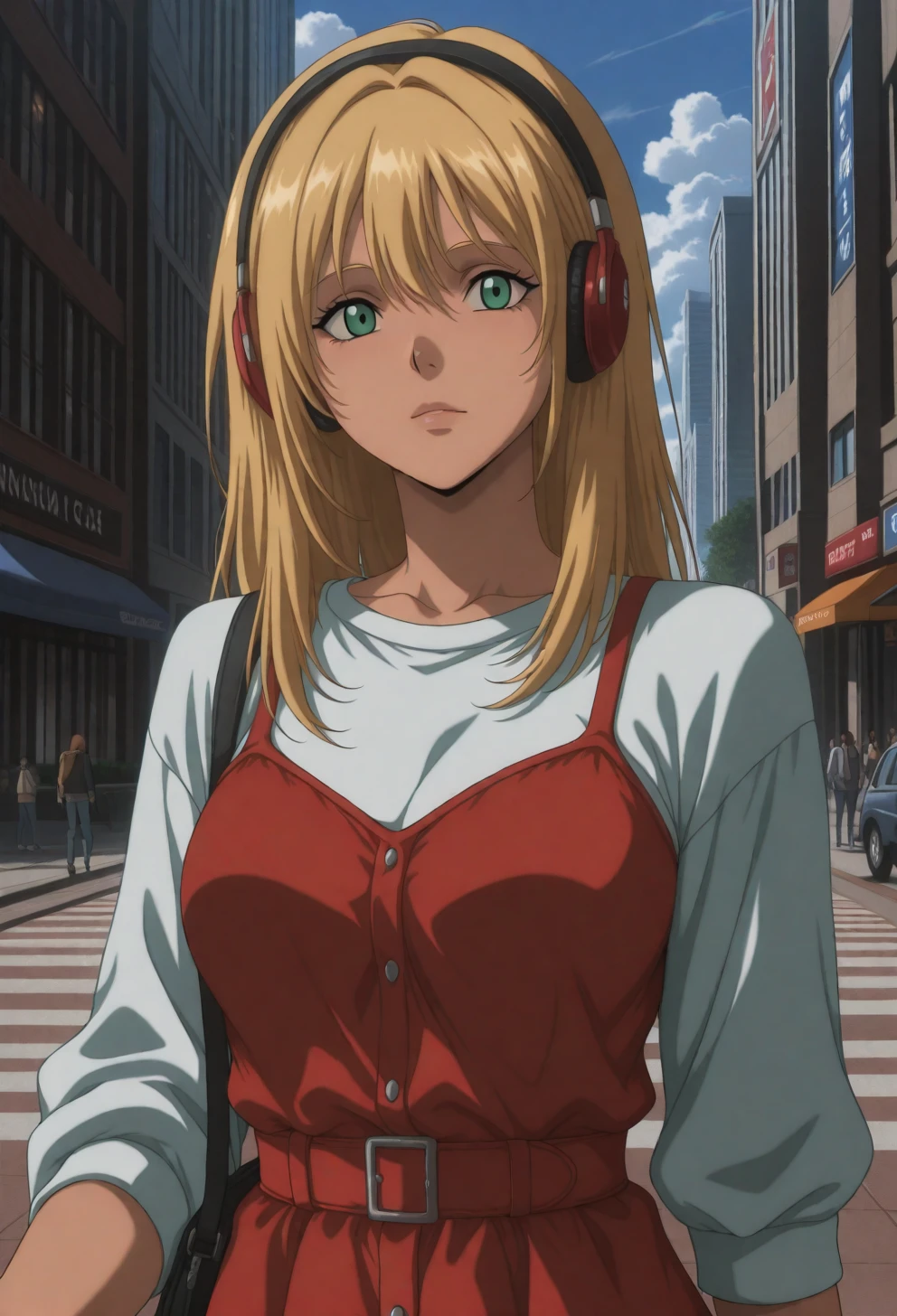 <lora:Sysdeep_char23 - [Custom Character] - IllustriousXL v1:1> sysdeep_char23, 1girl, long hair, blonde hair, green eyes, solo, , walking through city, casual outfit, headphones, relaxed expression, anime coloring