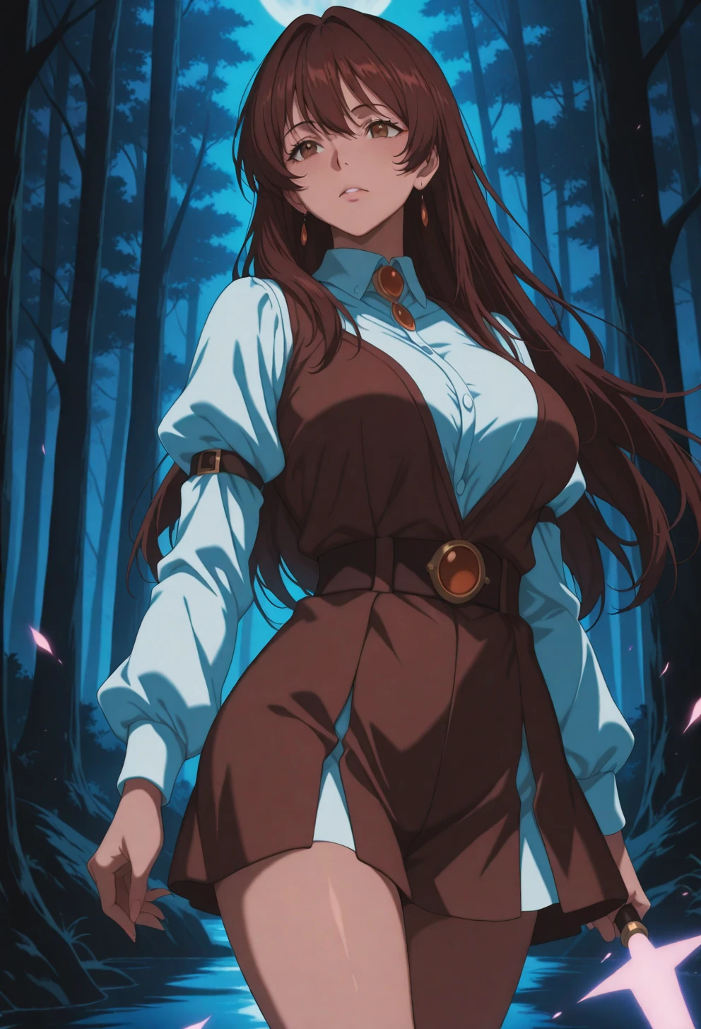 <lora:Sysdeep Char2 - [Custom Character] - IllustriousXL v1:1>,  sysdeep_char2, 1girl, long hair, large breasts, brown hair, brown eyes, standing in moonlit forest, magical glow, serene expression, mysterious