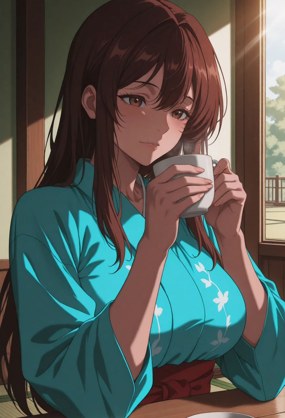 <lora:Sysdeep Char2 - [Custom Character] - IllustriousXL v1:1>,  sysdeep_char2, 1girl, long hair, large breasts, brown hair, brown eyes, drinking tea, traditional outfit, serene expression, tatami room, sunlight