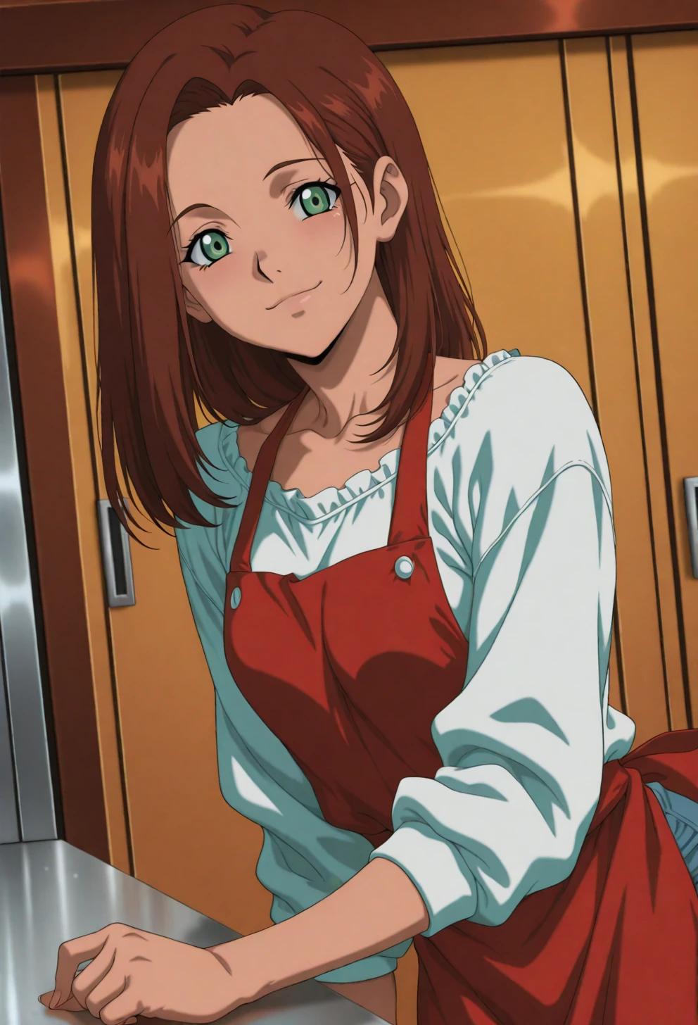 <lora:Sysdeep_char10 - [Custom Character] - IllustriousXL v1:1> sysdeep_char10, 1girl, solo, long hair, brown hair, green eyes, small , leaning on counter, casual outfit, apron, mischievous smile, anime coloring