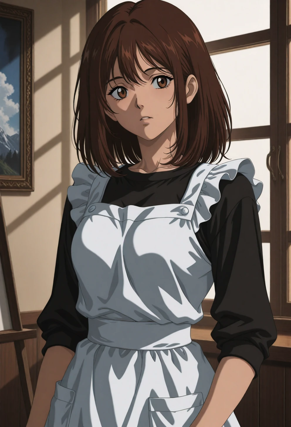<lora:Sysdeep_char15 - [Custom Character] - IllustriousXL v1:1> sysdeep_char15, 1girl, solo, brown hair, brown eyes, medium hair, medium breasts, painting in studio, apron, concentrated look, creative atmosphere, anime coloring