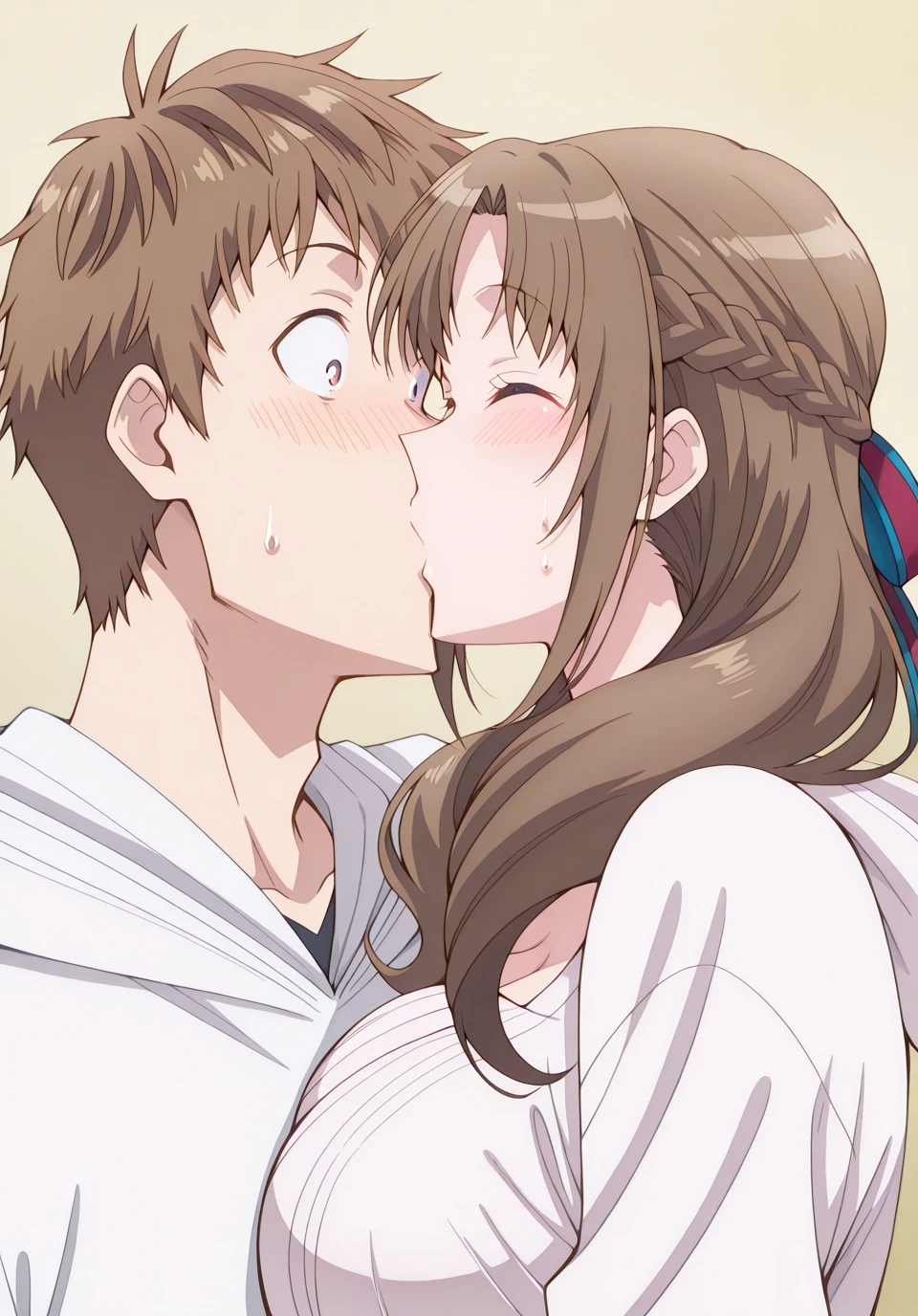 masterpiece, best quality, amazing quality,, <lora:mamako-oosuki-s1-illustriousxl-lora-nochekaiser:1>, mamako oosuki, long hair, brown hair, hair ribbon, braid, bright pupils, french braid, white pupils, mature female, , anime screencap, <lora:kanojo-okarishimasu-385-p14-illustriousxl-lora-nochekaiser:1>, kanojo okarishimasu 385 p14, blush, closed eyes, hetero, hood, sweatdrop, couple, kiss, surprised, close-up, wide-eyed, surprise kiss,, <lora:kazuya-kinoshita-illustriousxl-lora-nochekaiser:1>, kazuya kinoshita, 1boy, brown hair, brown eyes, short hair,, ,