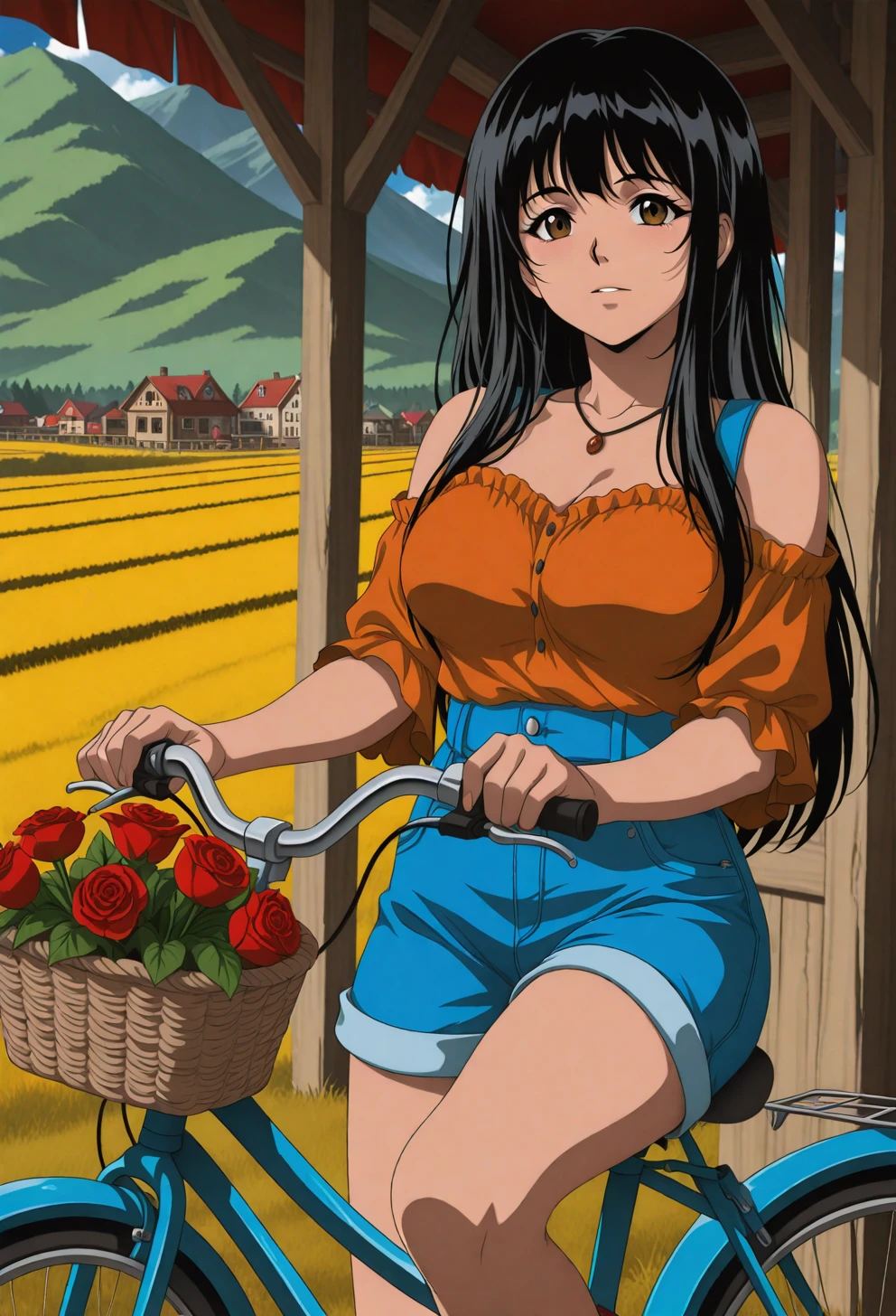 <lora:Sysdeep_char9 - [Custom Character] - IllustriousXL v1:1> sysdeep_char9, 1girl, solo, long hair, black hair, brown eyes, , riding a bicycle, countryside, sunny, casual outfit, basket with flowers, anime coloring
