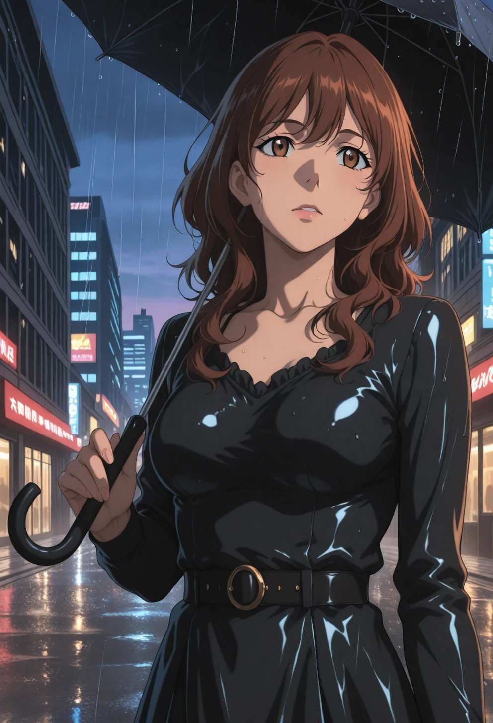 <lora:Sysdeep_char16 - [Custom Character] - IllustriousXL v1:1> sysdeep_char16, 1girl, solo, brown hair, brown eyes, wavy hair, long hair, medium breasts, walking in rain, umbrella, city street, wistful vibe, twilight, anime coloring