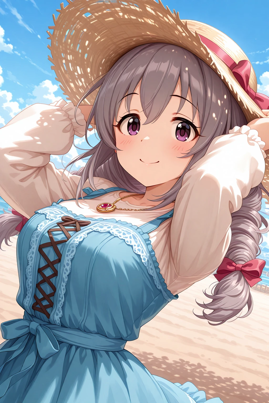 masterpiece, best quality, amazing quality, 1girl, solo, makeup, general, cowboy shot, looking at viewer, blush, dramatic angle, smile, from side, cloud, sky, outdoors, hands on headwear, arms up, <lora:Sakakibara_Satomi_Cinderella:1>, Sakakibara_Satomi_Cinderella, long hair, grey hair, large breasts, twintails, purple eyes, twin braids, twin drills, bow, hair bow, ribbon, hair between eyes, shirt, long sleeves, dress, hat, bow, ribbon, jewelry, white shirt, hair bow, frills, necklace, red bow, blue skirt, blue dress, sun hat, straw hat, cross-laced clothes, <lora:wai-A3-V140:1>, <lora:illustrious_noobai_epsilon_pred_1_masterpieces_v1:1>