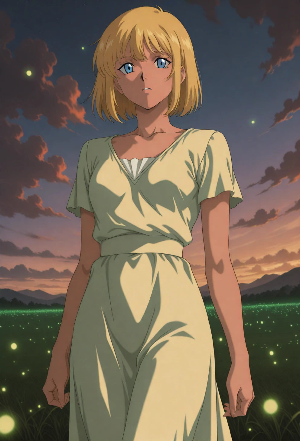 <lora:Sysdeep_char5 - [Custom Character] - IllustriousXL v1:1> sysdeep_char5, 1girl, solo, short hair, blue eyes, blonde hair, small , standing in field, glowing fireflies, evening, long dress, ethereal vibe, anime coloring