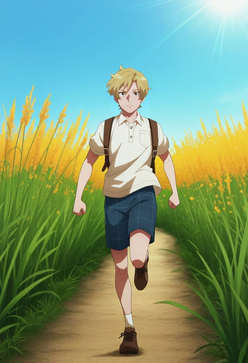 masterpiece, best quality, amazing quality, very aesthetic, high resolution, ultra-detailed, absurdres, newest, colorful, highest detailed, very awa, , anime screencap, anime coloring, official style, looking at viewer, running, joyful expression, sun-drenched meadow, light clothing, bright daylight, full shot, tall grass, wild flowers, blue sky, soft breeze, gentle shadows, natural, idyllic, detailed flora, vibrant colors, clear sunshine, sharp focus, 1boy, solo, male focus, <lora:hijiri_koganei_ilxl:1>, hijiri_koganei, blonde hair, brown eyes, short hair,