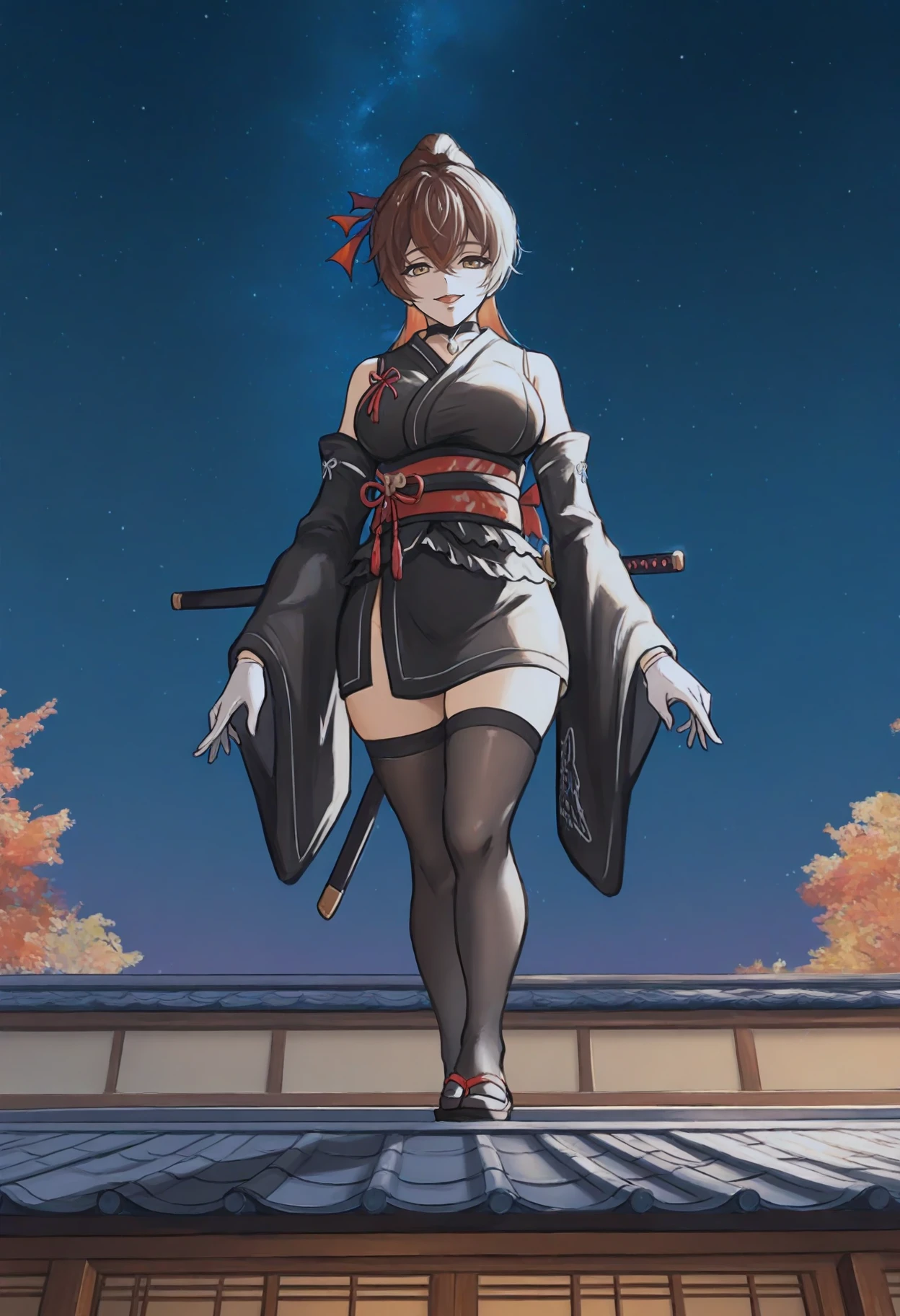 masterpiece, best quality, amazing quality, newest,
<lora:fox mask katana_IL:1>, FMK, 1girl, solo, white fox_half_mask,
shoulders, long sleeves, detached sleeves, sleeveless, wide sleeves, black short kimono, white gloves, obi, black thighhighs, zouri,
, sheathed, short katana on back,
standing on roof, on roof, from below, starry sky, solo focus,
BREAK japanese architecture, night, outdoors,
<lora:Advertising ponytail Girl_IL:0.8>
Advertising Girl, official art, ponytail Girl, brown hair, high ponytail, Red hair ribbon, smile, parted lips, ,