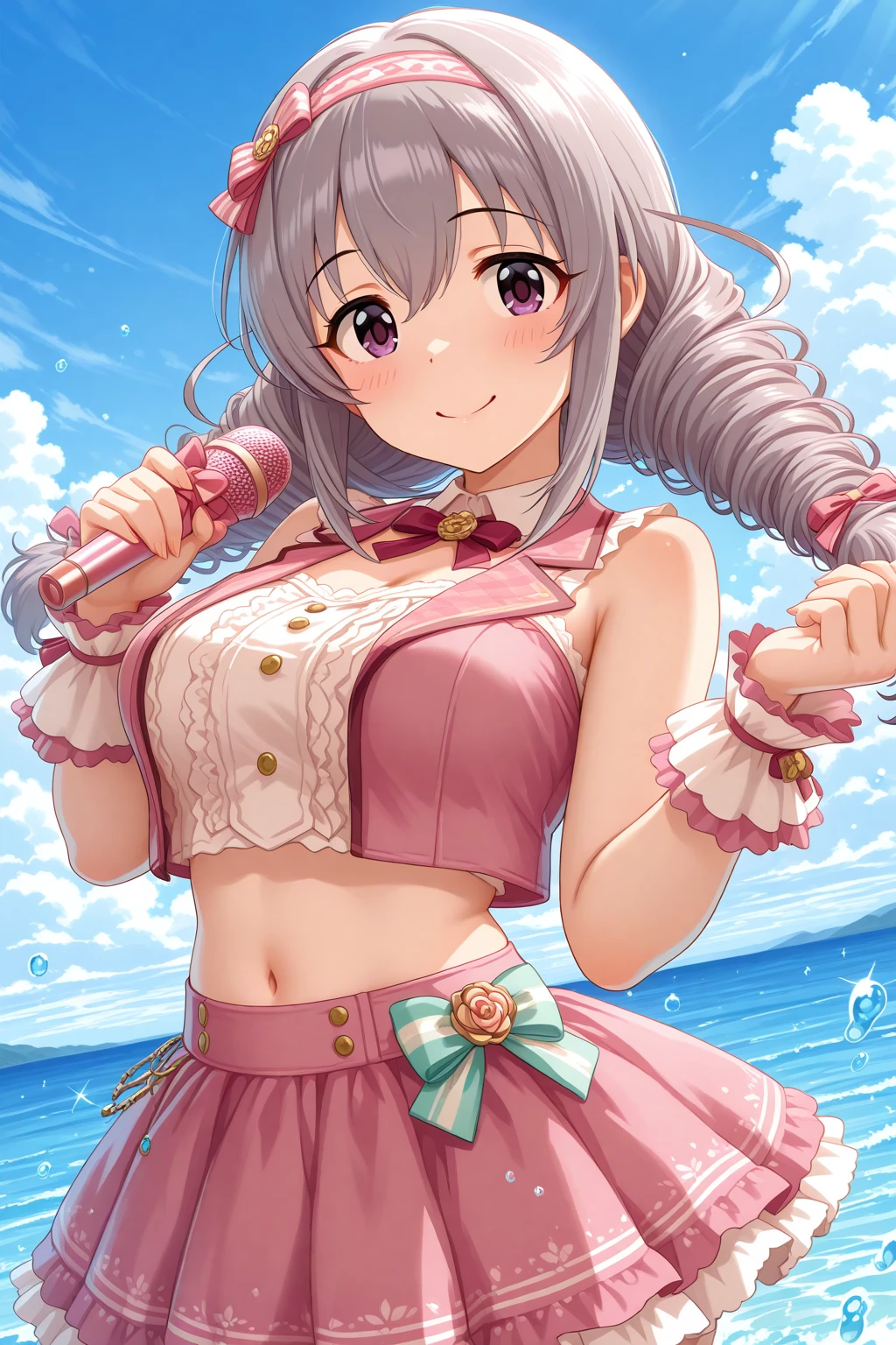 masterpiece, best quality, amazing quality, 1girl, solo, makeup, general, cowboy shot, looking at viewer, blush, dramatic angle, smile, cloud, sky, outdoors, ocean, on water, water drop, holding microphone, holding, <lora:Sakakibara_Satomi_Cinderella:1>, Sakakibara_Satomi_Cinderella, long hair, grey hair, large breasts, twintails, purple eyes, twin braids, twin drills, bow, hair bow, ribbon, hair between eyes, skirt, holding, bow, navel, bare shoulders, hair bow, hairband, midriff, bowtie, crop top, detached collar, microphone, idol, <lora:wai-A3-V140:1>, <lora:illustrious_noobai_epsilon_pred_1_masterpieces_v1:1>
