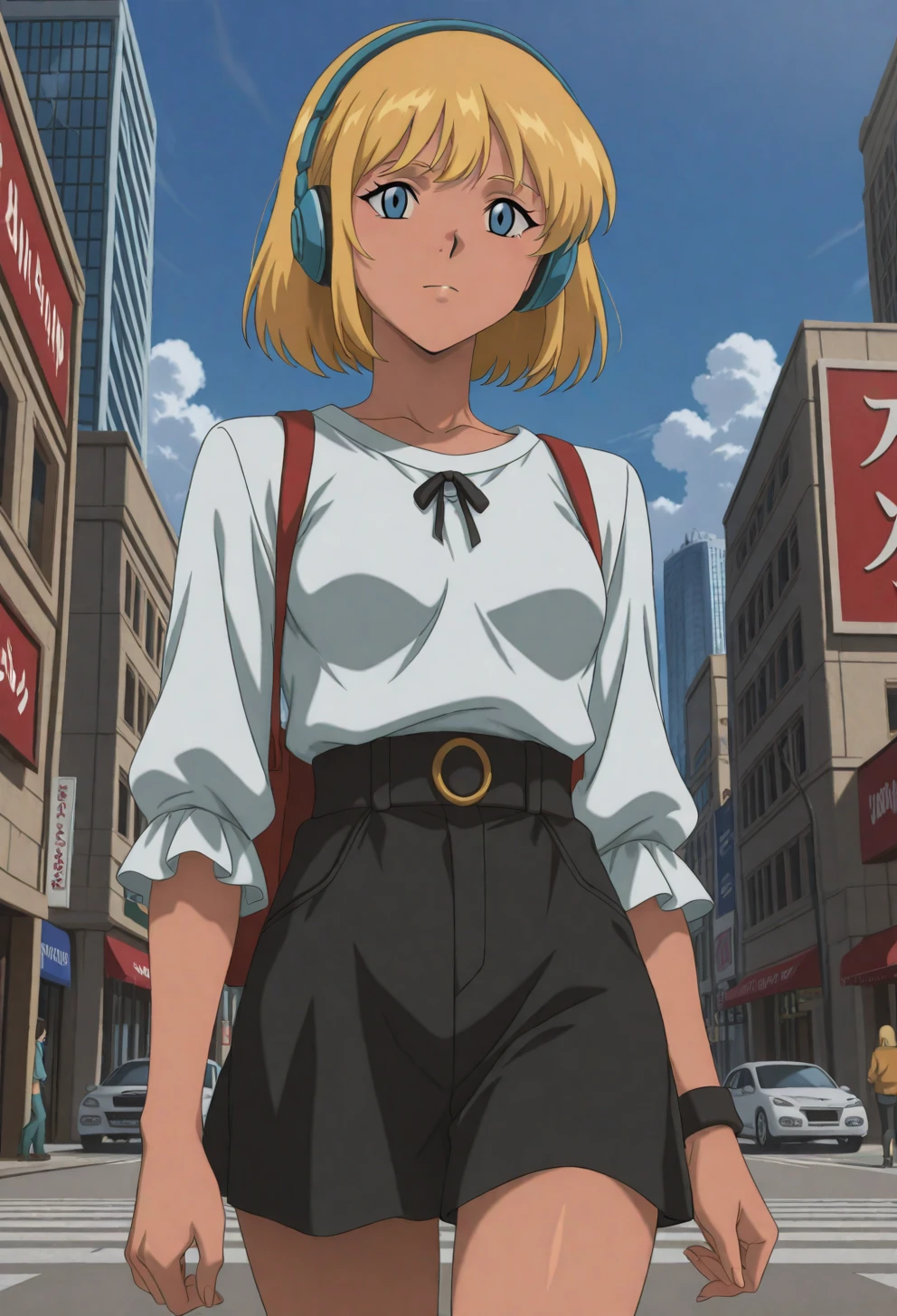 <lora:Sysdeep_char5 - [Custom Character] - IllustriousXL v1:1> sysdeep_char5, 1girl, solo, short hair, blue eyes, blonde hair, small , walking through city, casual outfit, headphones, relaxed expression, anime coloring