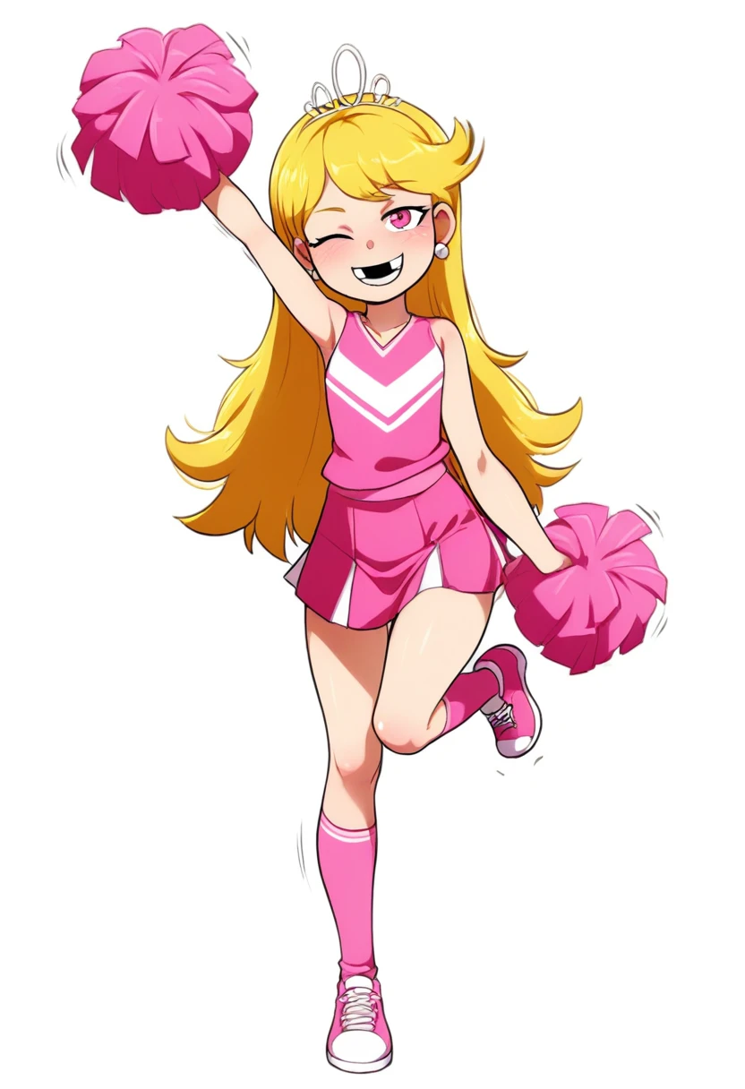 (jcm2:0.6), masterpiece, best quality, amazing quality, very aesthetic, absurdres, newest,
white background, simple background, 1girl, solo, full body, standing on one leg, arm up, holding pom poms, one eye closed, looking at viewer, happy, smile, motion lines, missing tooth,
1o1a, blonde hair, tiara, pink eyes, earrings, cheerleader, pink skirt, pink socks, pink footwear