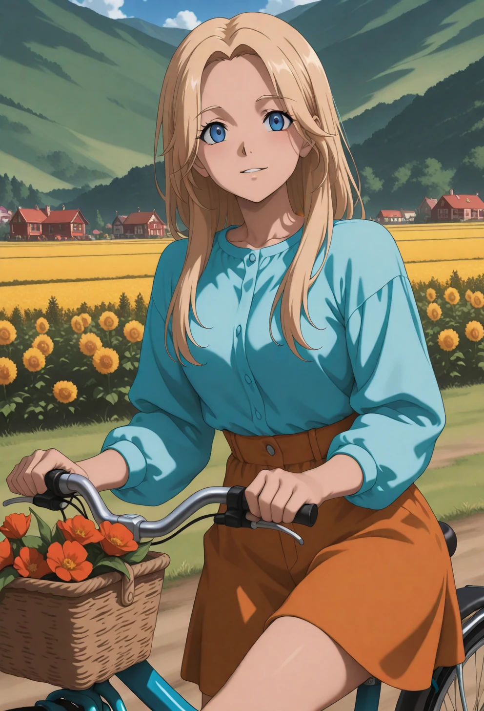 <lora:Sysdeep_char18 - [Custom Character] - IllustriousXL v1:1> sysdeep_char18, 1girl, solo, long hair, blue eyes, blonde hair, parted bangs, riding a bicycle, countryside, sunny, casual outfit, basket with flowers, anime coloring