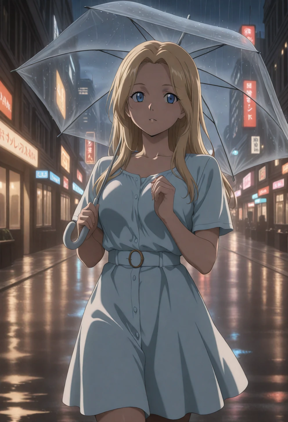 <lora:Sysdeep_char18 - [Custom Character] - IllustriousXL v1:1> sysdeep_char18, 1girl, solo, long hair, blue eyes, blonde hair, parted bangs, walking in rain, umbrella, city street, wistful vibe, twilight, anime coloring