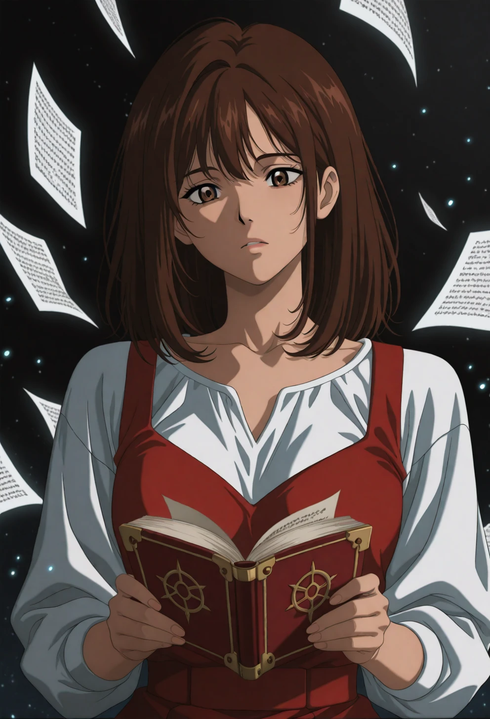 <lora:Sysdeep_char15 - [Custom Character] - IllustriousXL v1:1> sysdeep_char15, 1girl, solo, brown hair, brown eyes, medium hair, , holding spellbook, floating pages, magical particles, concentrated look, anime coloring