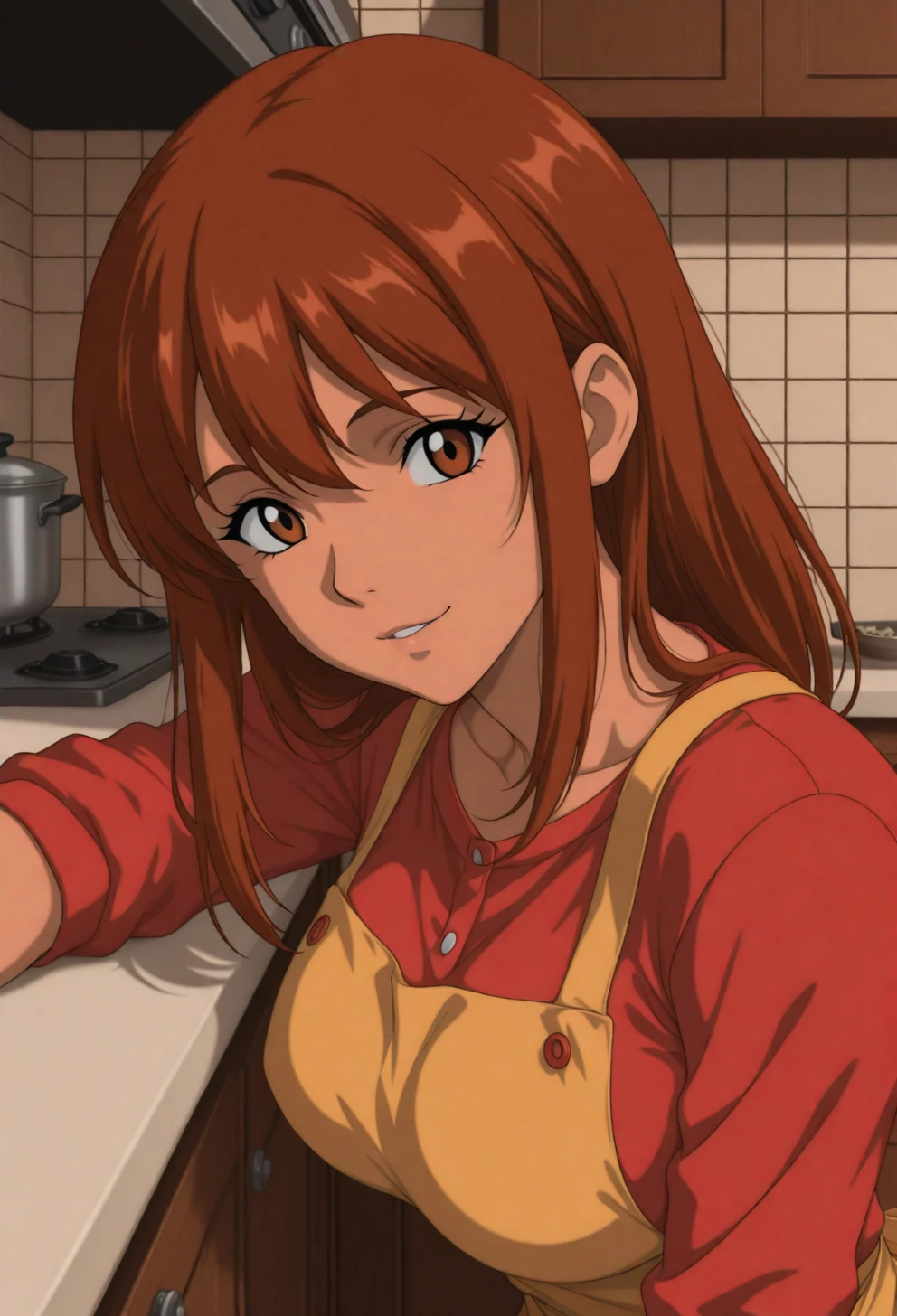 <lora:Sysdeep_char19 - [Custom Character] - IllustriousXL v1:1> sysdeep_char19, 1girl, solo, long hair, brown hair, brown eyes, , , leaning on counter, kitchen, apron, casual clothes, playful expression, anime coloring