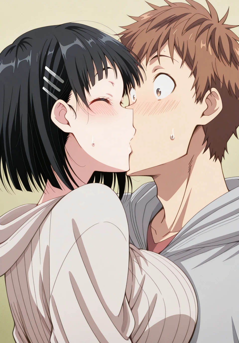 masterpiece, best quality, amazing quality,, <lora:suguha-kirigaya-s1-illustriousxl-lora-nochekaiser:1>, suguha kirigaya, short hair, black hair, hair ornament, hairclip, mature female, breasts, anime screencap, <lora:kanojo-okarishimasu-385-p14-illustriousxl-lora-nochekaiser:1>, kanojo okarishimasu 385 p14, blush, closed eyes, hetero, hood, sweatdrop, couple, kiss, surprised, close-up, wide-eyed, surprise kiss,, <lora:kazuya-kinoshita-illustriousxl-lora-nochekaiser:1>, kazuya kinoshita, 1boy, brown hair, brown eyes, short hair,, ,