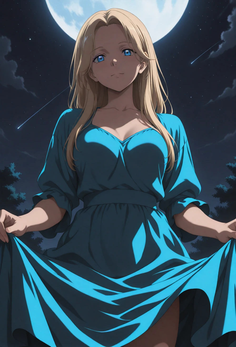 <lora:Sysdeep_char18 - [Custom Character] - IllustriousXL v1:1> sysdeep_char18, 1girl, solo, long hair, blue eyes, blonde hair, parted bangs, standing under moonlight, dress flowing, stars, serene expression, anime coloring