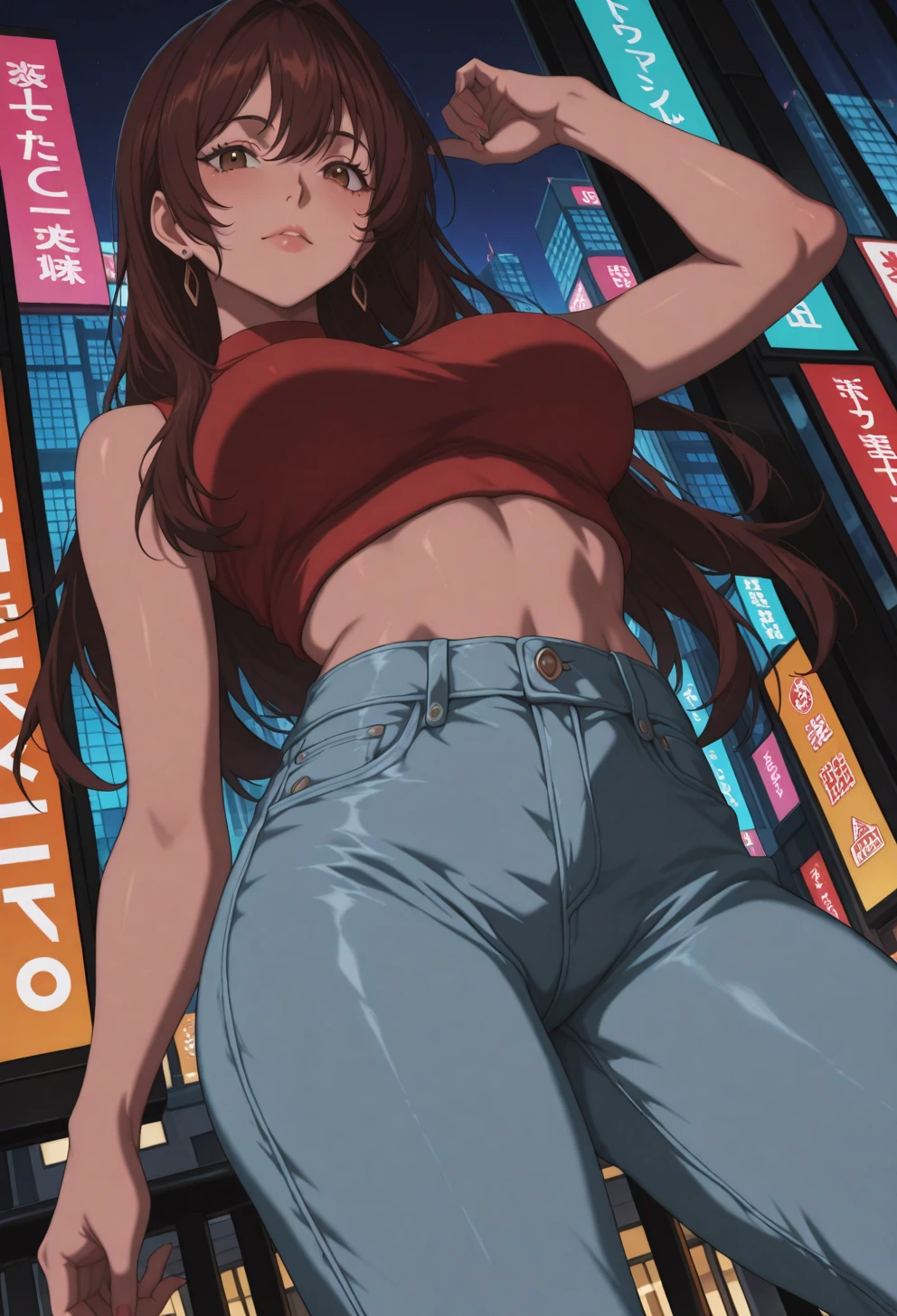 <lora:Sysdeep Char2 - [Custom Character] - IllustriousXL v1:1>,  sysdeep_char2, 1girl, long hair, large breasts, brown hair, brown eyes, posing, city street, jeans, crop top, looking at viewer, casual fashion