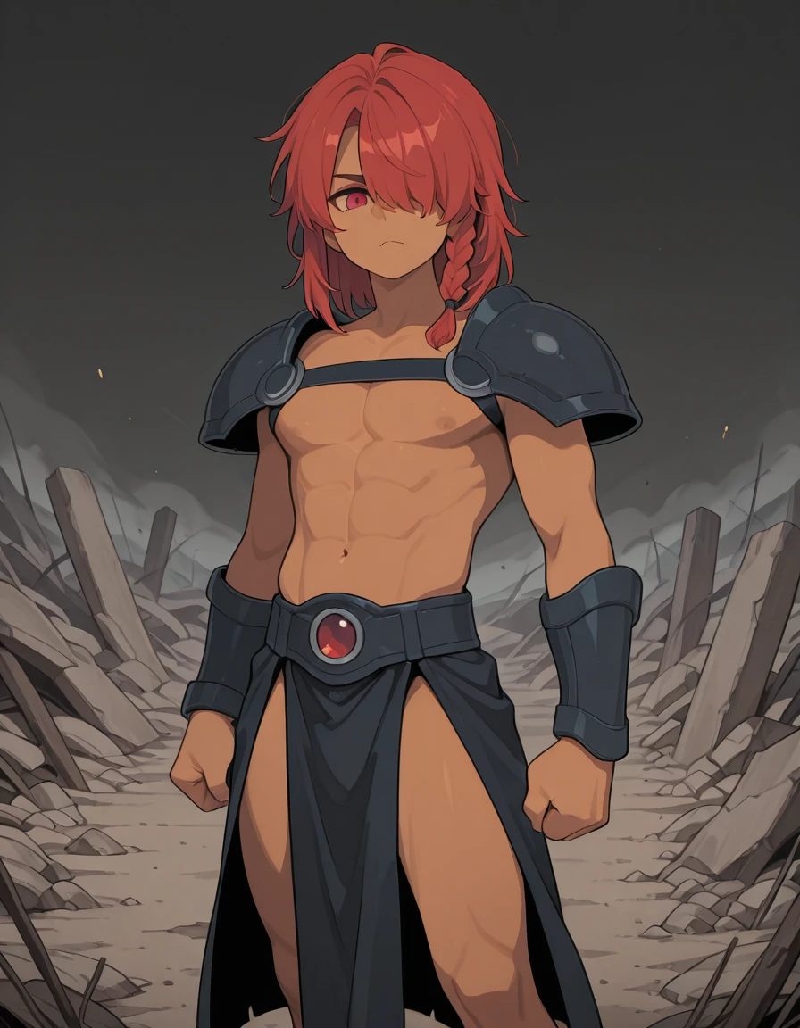 masterpiece, best quality, amazing quality, very aesthetic, absurdres, newest,, detailed background, movie scene, cinematic scene, cinematic,,
Enialio_greek_mythology, 1boy, male focus,,
red eyes, hair over one eye, one eye covered,,
medium hair, red hair, braid, single braid, side braid,,
pectorals, nipples, abs, toned male, navel,,
armor, shoulder armor, vambraces,,
pelvic curtain, topless male,,