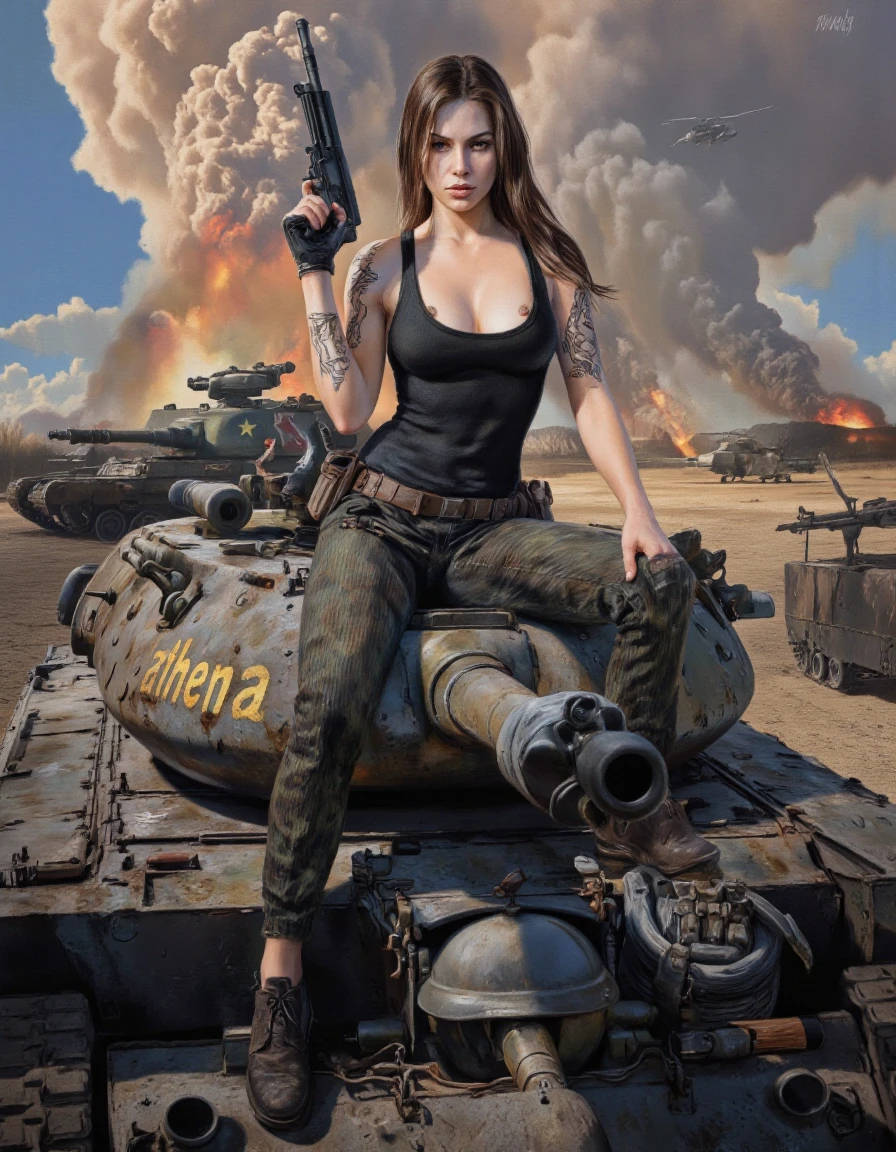 DaSeley style. A highly detailed and realistic digital painting of a woman with a fierce expression, holding a gun, sitting atop a tank in a post-apocalyptic setting. the woman, who appears to be in her mid-twenties, has long brown hair and is wearing a black tank top that accentuates her large breasts and muscular physique. she has tattoos on her arms and is positioned in the middle of the image, with the tank in front of her. the tank has the word "athena" written on it in gold lettering. in the background, a large plume of smoke and a helicopter can be seen in the distance, adding to the chaotic atmosphere of the scene. the sky is a mix of blue and orange hues, with a few clouds scattered across it, creating a sense of chaos and destruction. the overall mood is intense and gritty, evoking an air of war and conflict.
1girl, solo, long hair, breasts, looking at viewer, large breasts, brown hair, gloves, holding, cleavage, black gloves, gun, fingerless gloves, lips, holding gun, tank top, tattoo, military, military vehicle, helicopter, smoke, tank, grenade launcher
camera_angle: from front, art_style: digital illustration, location: desert, background: smoke and explosions with tanks in the foreground, text: NA, distance_to_camera: upper body, clothing: tank top;NA, image_composition: middle;bottom, pants: NA;military tank;military vehicle, accessory: AK-47 rifle;military helmet, shoes: black gloves;military equipment, action: sitting atop the tank;holding gun, facing_direction: facing viewer;facing viewer, eye_direction : looking forward, facial_expression: serious;serious, ear: NA>, eye_color: brown eyes, gender: 1woman;1woman, hair_colour: brown hair;black hair, hair style: long hair;long hair, race: light skin;light skin, body: slim, muscular