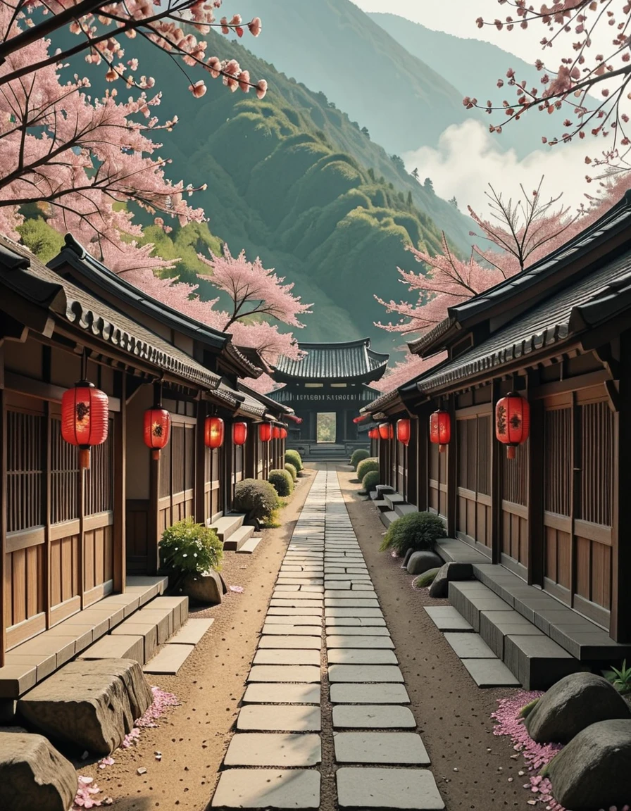 A traditional Japanese village during the samurai era, peacefully resting in a quiet valley surrounded by mist-covered mountains and dense bamboo groves. Thatched-roof wooden houses with sliding paper doors are arranged along narrow, winding dirt paths. Red lanterns hang from wooden beams, swaying gently in the breeze. A small Shinto shrine stands on a nearby hill, overlooking neatly arranged rice paddies and stone garden paths. A samurai's armor is displayed on a wooden rack outside one of the houses, suggesting the presence of a warrior. Cherry blossom petals scatter across the ground, and a light fog drifts between the buildings, adding to the stillness. The scene is bathed in soft, golden light, capturing a serene and timeless moment in feudal Japanâwith no people in sight.traditional Japanese v1ll4g3, <lora:traditional_Japanese_v1ll4g3v2-i:1>, Masterpiece,best quality,hi res,8k,hi res,8k,award winning,(sharp focus, intricate, highly detailed),