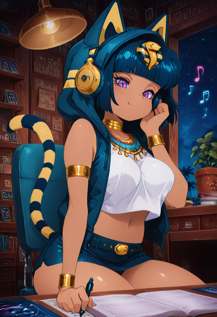 masterpiece, best quality, solo, curvy, beautiful eyes, narrow waist, wide hips, 1girl, solo, smile, looking at viewer, foreshortening, close up, zzAnkhaDJ, purple eyes, blue hair, short hair, blunt bangs, bob cut, cat ears, dark skin, musical note, blue hoodie, headphones, hood up, sleeveless jacket, egyptian clothes, ankh, white shirt, blue skirt, <lora:AnkhaDJ_IXL:1.0>, , zzLofi, sitting, side view, desk, chair, book, bookshelf, head rest, holding, holding pen, lamp, night, open book, pen, plant, potted plant, sky, star (sky), starry sky, window, windowsill, writing, <lora:LofiGirl_Style_IXL:0.8>,