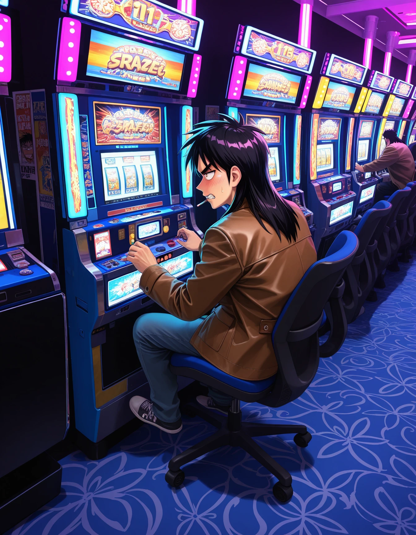 indoors, pachislo_parlor, poster (object), carpet, many one-leg column base with round foot chair, neon lights, reflection, pachislot machines in a Japanese arcade, arcade slot cabinet,Japanese arcade slot machine, vibrant LED, dynamic reflections, three spinning reels, monitor,
spinning reels, monitor,  sitting, playing machinery, looking at machinery,
 <lora:pachislo_parlor_Illustrious_2.0-XL_v2:1>
(itou kaiji, brown jacket solo focus, )1bow,solo
blush, sitting, playing machinery, cigarette, v-shaped eyebrows, looking at machinery, angry, clenched teeth, masterpiece, newest, absurdres, best quality, amazing quality, very aesthetic, ultra-detailed, highly detailed