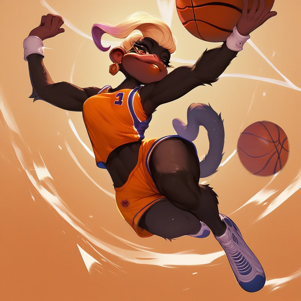 score_9, score_8_up, score_7_up, score_6_up, score_5_up, score_4_up,  <lora:Poppy_Kong_-_Donkey_Kong_Bananza:0.9> poppy kong, basketball uniform, orange uniform, female anthro monkey, from below, jumping, (slam dunk:1.2), basketball, hanging off rim, breaking glass