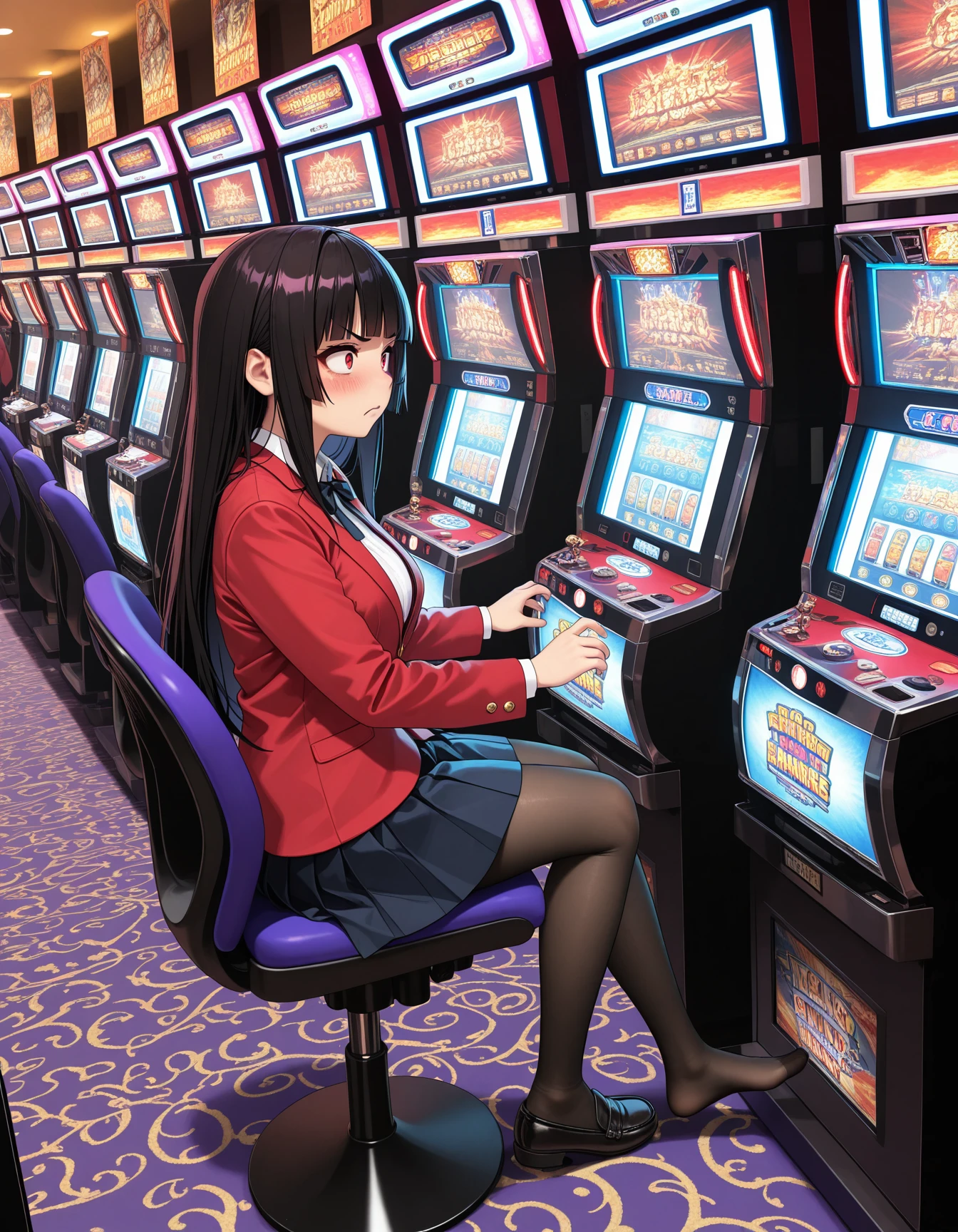 indoors, pachislo_parlor, poster (object), carpet, many one-leg column base with round foot chair, neon lights, reflection, pachislot machines in a Japanese arcade, arcade slot cabinet,Japanese arcade slot machine, vibrant LED, dynamic reflections, three spinning reels, monitor,
spinning reels, monitor,  sitting, playing machinery, looking at machinery,
 <lora:pachislo_parlor_Illustrious_2.0-XL_v2:1>
jabami_yumeko,  long hair, blunt bangs
 long hair, blunt bangs, red eyes, school uniform, red jacket, black pantyhose, white shirt, black ribbon, pleated skirt, long sleeves
1girl,solo
blush, sitting, playing machinery, looking at machinery,angry, v-shaped eyebrows,, masterpiece, newest, absurdres, best quality, amazing quality, very aesthetic, ultra-detailed, highly detailed