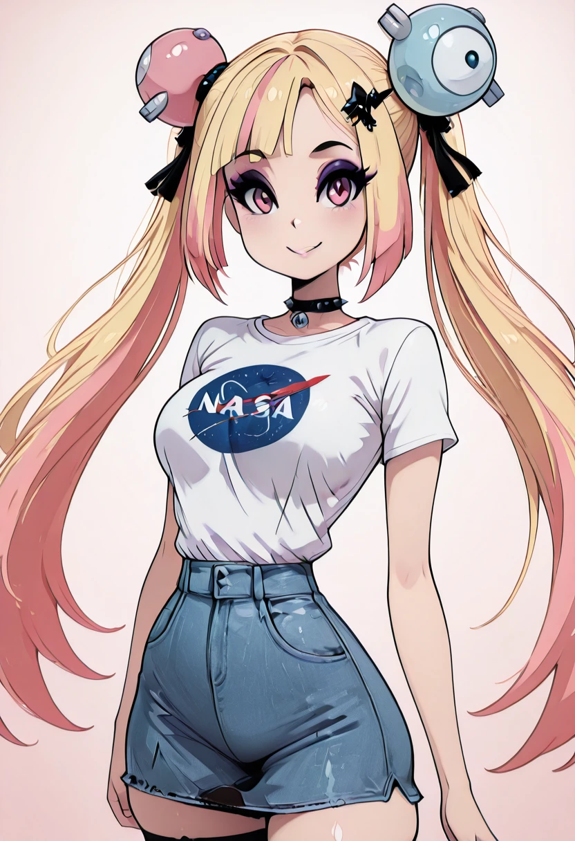 masterpiece, best quality, solo, curvy, beautiful eyes, narrow waist, wide hips, 1girl, solo, smile, looking at viewer, foreshortening, close up, skindentation, tight clothes, zzIonoG, pink eyes, blonde hair, blue hair, pink hair, multicolored hair, twintails, eyeshadow, bow-shaped hair, character hair ornament, hair ornament, long hair, split-color hair, goth, <lora:IonoGoth_IXL_v2:1.0>, , smile, looking at viewer, N4S4, white shirt, denim skirt, ,<lora:NASAShirtAnime_IXL_v1:1.0>,
