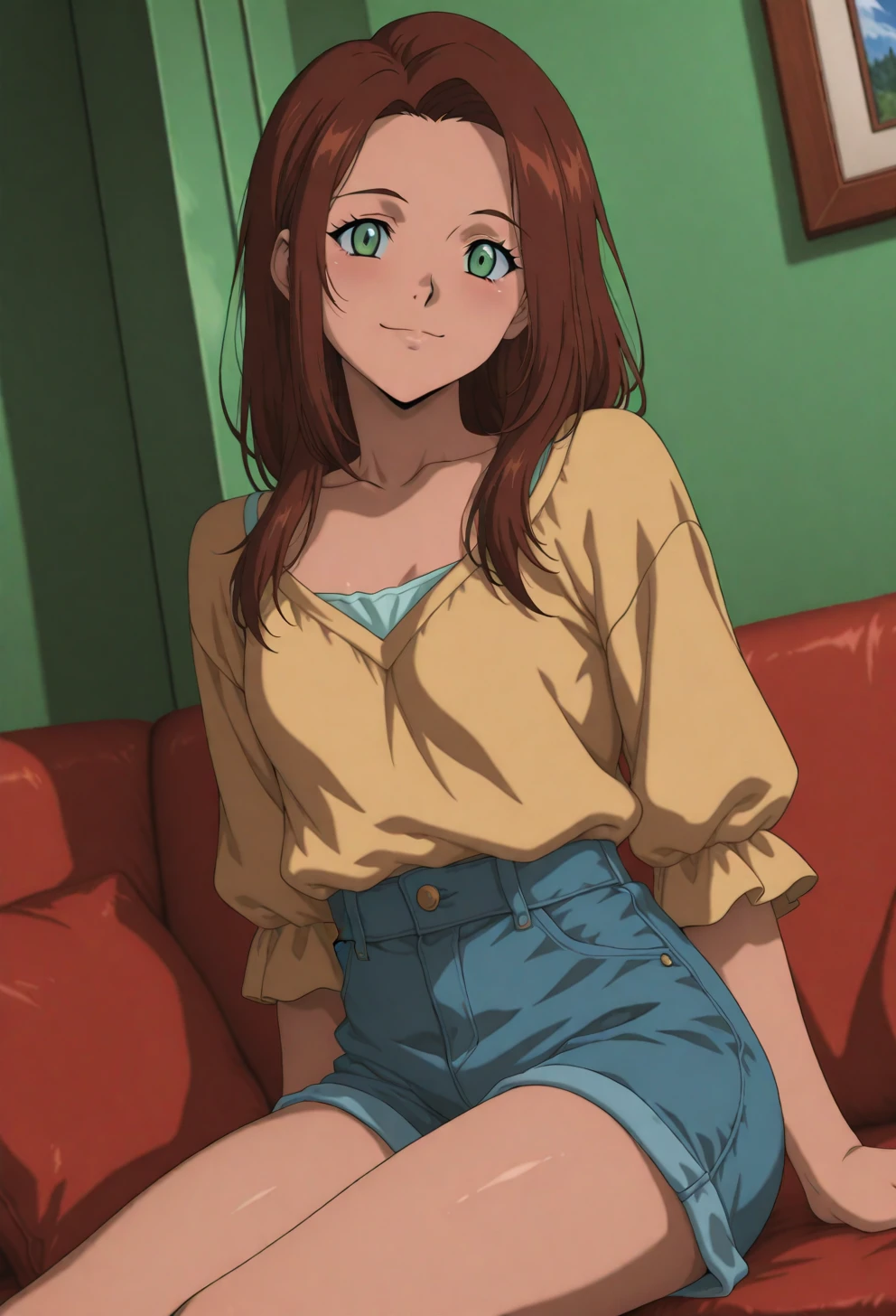 <lora:Sysdeep_char10 - [Custom Character] - IllustriousXL v1:1> sysdeep_char10, 1girl, solo, long hair, brown hair, green eyes, small , sitting on sofa, casual wear, playful smile, cozy setting, anime coloring