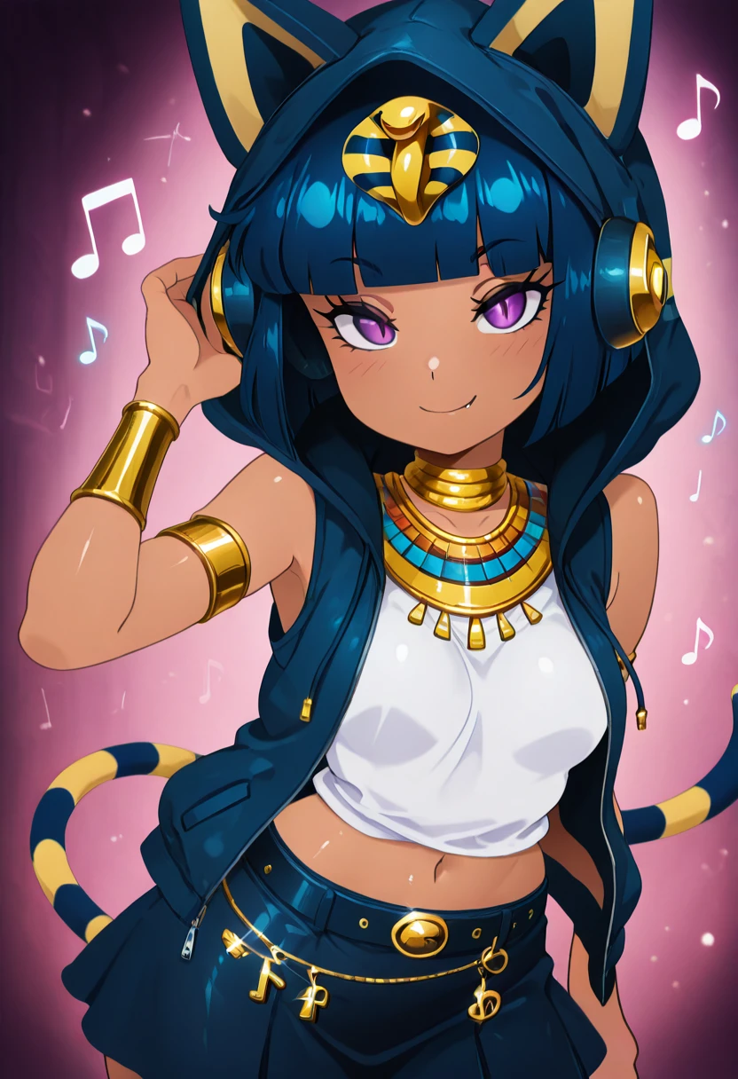 masterpiece, best quality, solo, curvy, beautiful eyes, narrow waist, wide hips, 1girl, solo, smile, looking at viewer, foreshortening, close up,    zzAnkhaDJ, purple eyes, blue hair, short hair, blunt bangs, bob cut, cat ears, dark skin, musical note,  blue hoodie, headphones, hood up, sleeveless jacket, egyptian clothes, ankh, white shirt, blue skirt,   <lora:AnkhaDJ_IXL:1.0>, dynamic pose, cowboy shot, smile, looking at viewer, shiny skin,
