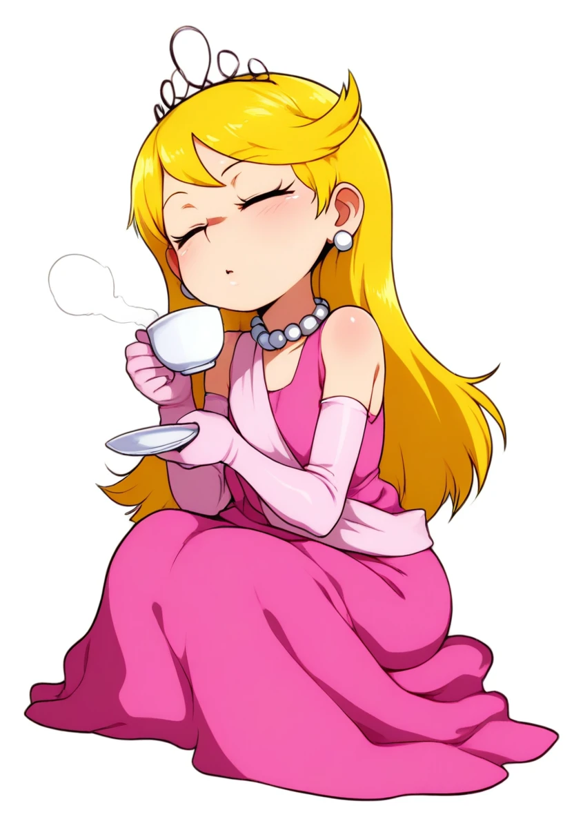 (jcm2:0.6), masterpiece, best quality, amazing quality, very aesthetic, absurdres, newest,
simple background, white background, full body, solo, 1girl, sitting, holding cup, teacup, steam, closed eyes,
1o1a, blonde hair, tiara, earrings, pearl necklace, pink dress, elbow gloves