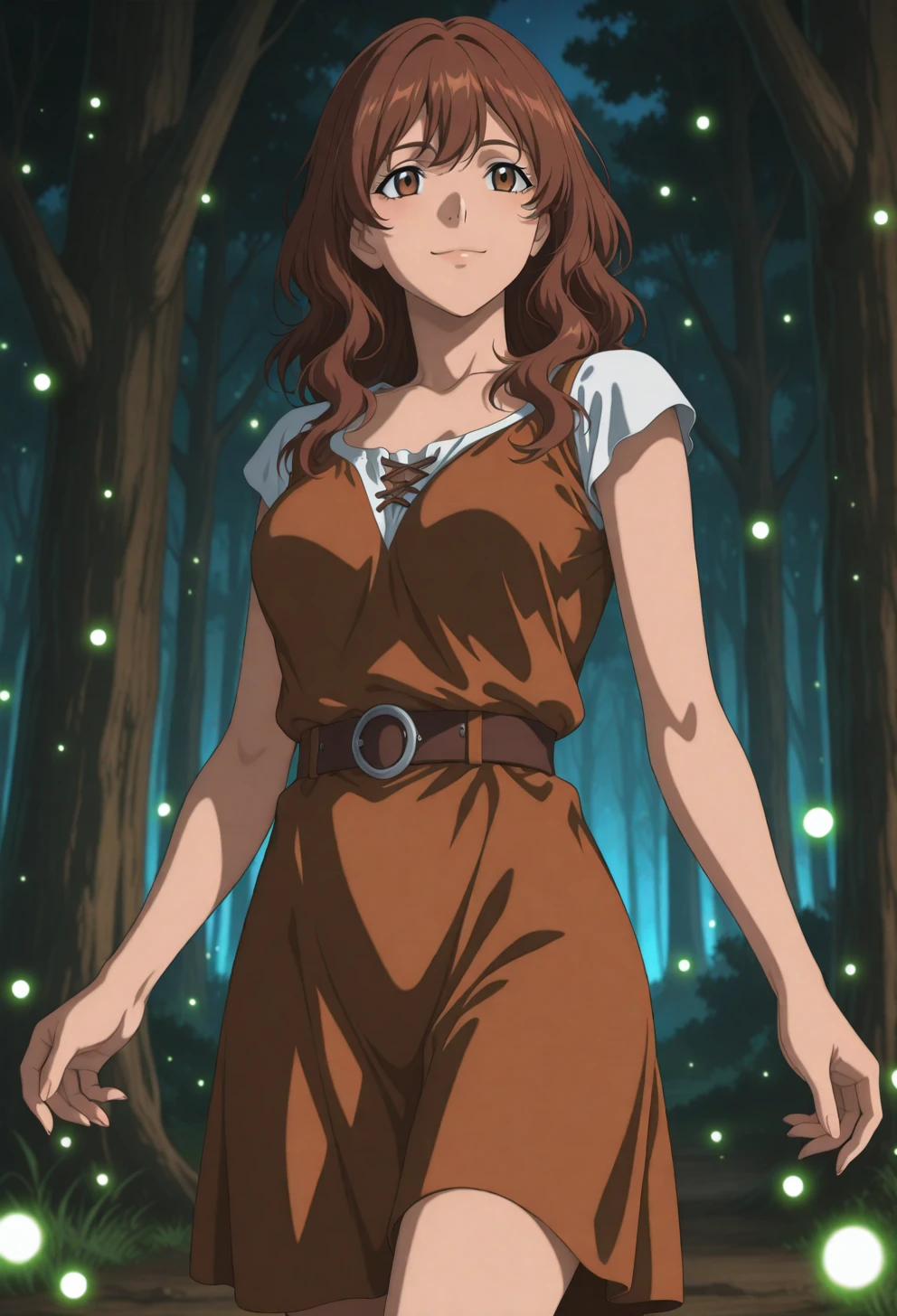 <lora:Sysdeep_char16 - [Custom Character] - IllustriousXL v1:1> sysdeep_char16, 1girl, solo, brown hair, brown eyes, wavy hair, long hair, , standing in enchanted forest, glowing fireflies, serene smile, anime coloring