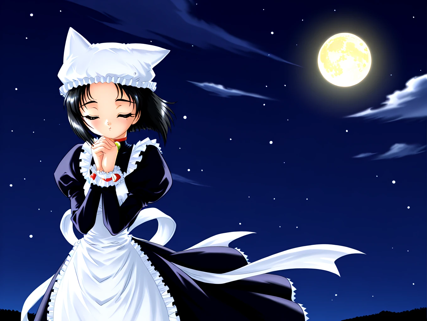 <lora:IL-D2-Netti:1>,ild2netti,1girl,solo,moon,closed eyes,hat,full moon,short hair,night,black hair,animal hat,own hands clasped,maid,own hands together,animal ears,sky,apron,bell,yellow moon,
1990s \(style\),
