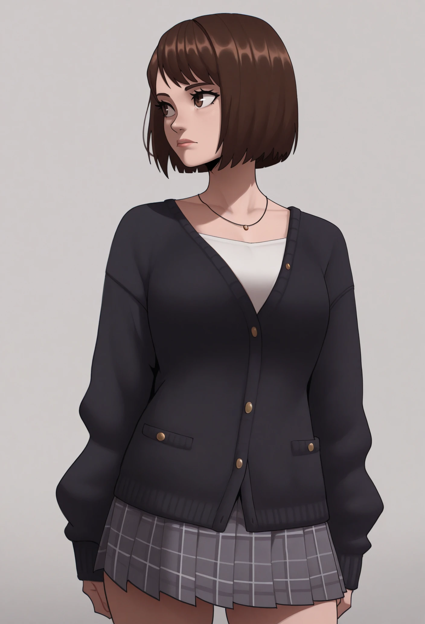 1girl, solo, grey background, black cardigan, plaid skirt, pleated skirt, looking to the side, grey skirt,
masterpiece, best quality, <lora:echo_saber-guy90-Illust-Lorav1:1>, rebhce, <lora:mukoda_saeko-guy90-Illust-LoraV102:1>, okekum, short hair, brown hair, bob cut, brown eyes, necklace