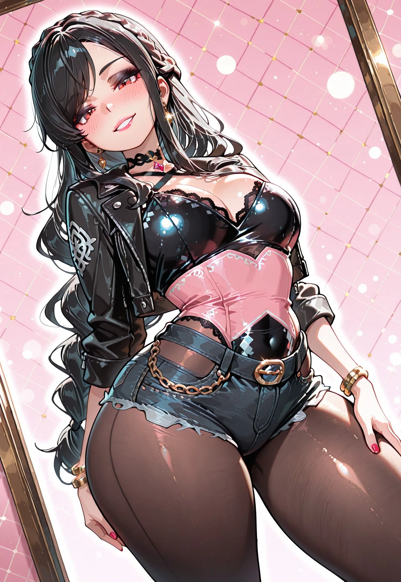 black haired girl, long hair, hispanic, baddie, smirk, fishnets