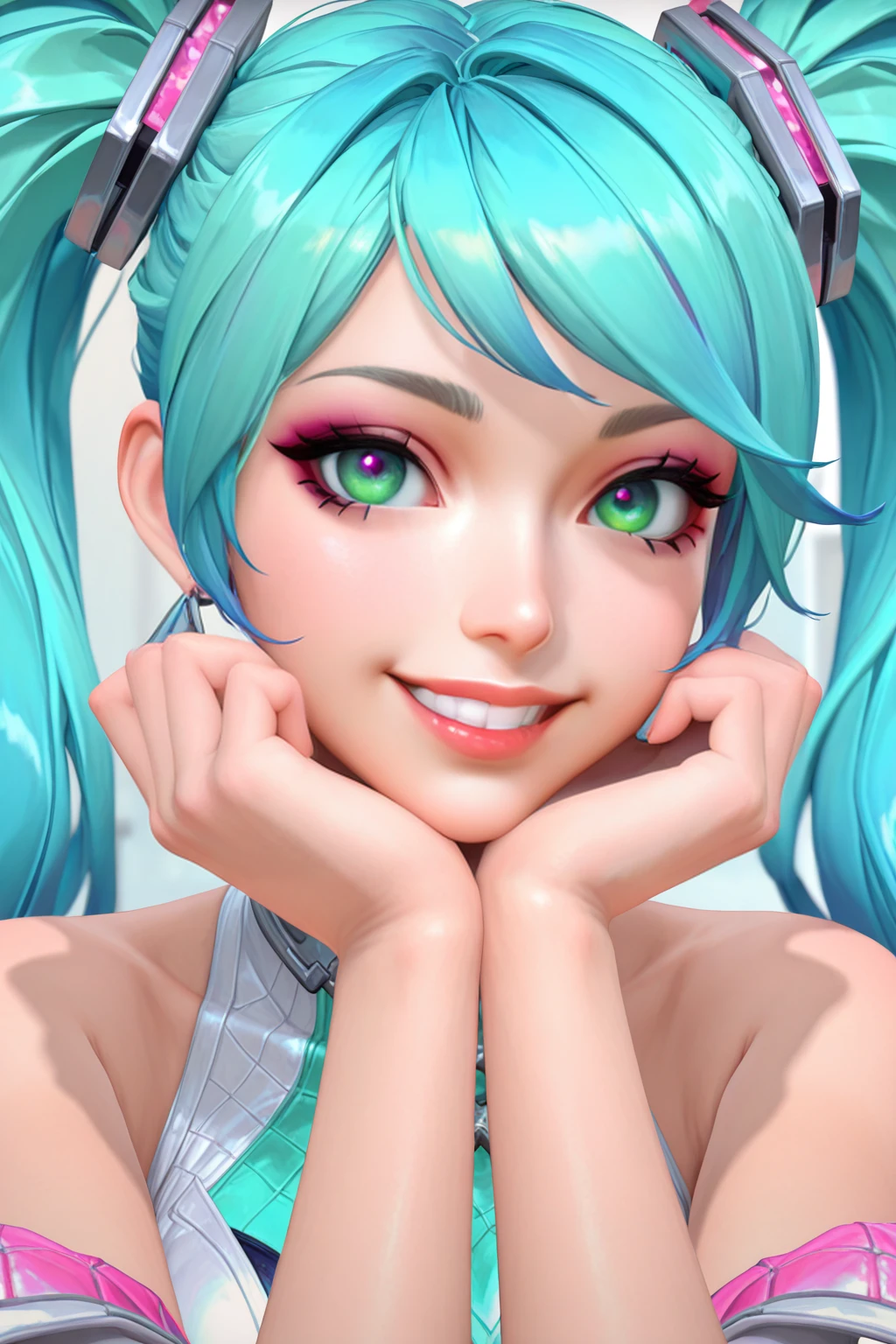 masterpiece, good quality, best quality, very awa, very as2, absurdres, highres,
<lora:Wild Rift StyleIlluLYCO:1.2>1girl, solo, breasts, looking at viewer, 3d, earrings, aqua hair, twintails, long hair, portrait, makeup, green eyes, head rest, smile. teeth,