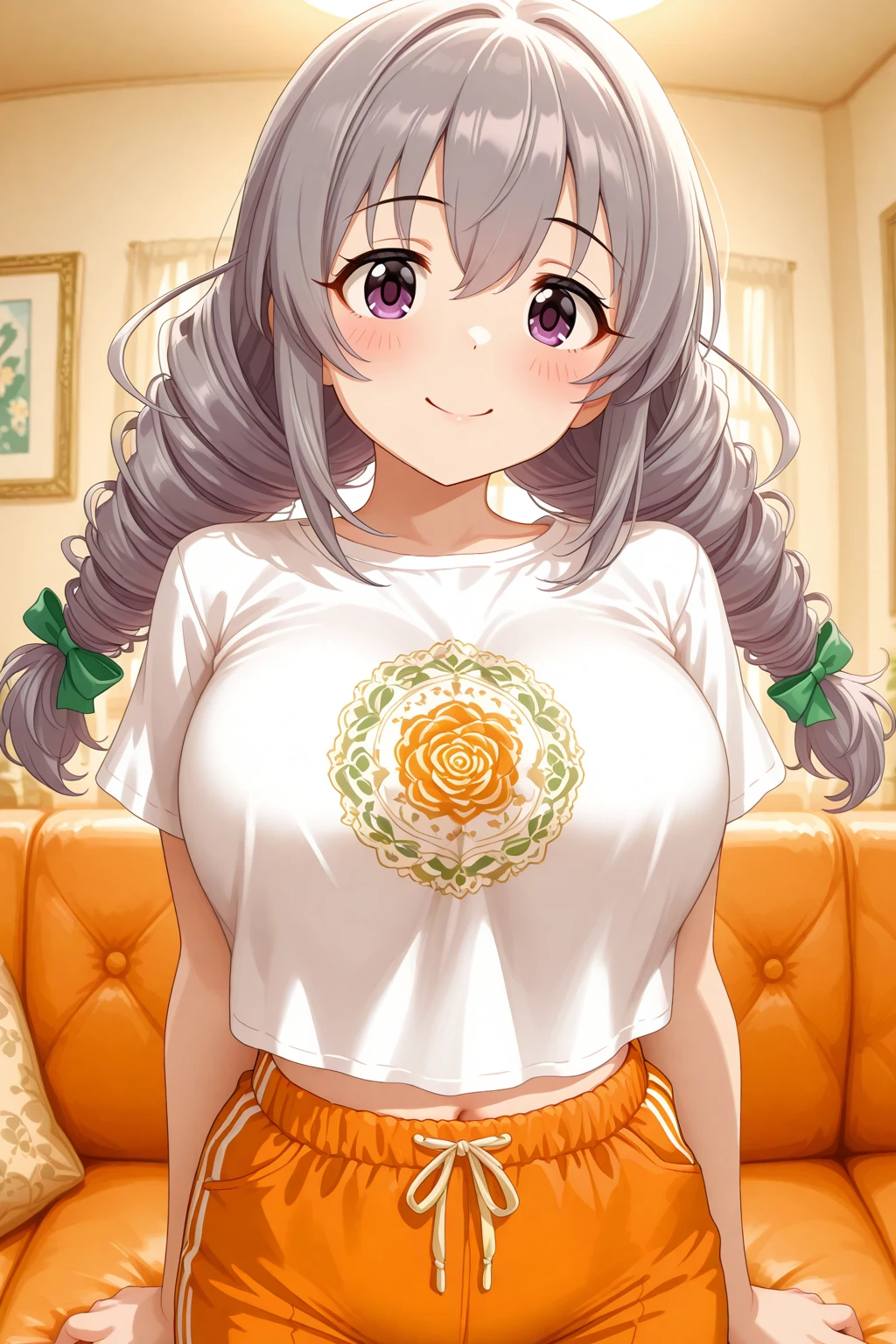masterpiece, best quality, amazing quality, 1girl, solo, makeup, general, cowboy shot, looking at viewer, blush, dramatic angle, smile, indoors, room, orange couch, windows, cushion, <lora:Sakakibara_Satomi_Cinderella:1>, Sakakibara_Satomi_Cinderella, long hair, grey hair, large breasts, twintails, purple eyes, twin braids, twin drills, bow, hair bow, ribbon, hair between eyes, shirt, bow, navel, white shirt, short sleeves, hair bow, shorts, t-shirt, green bow, midriff peek, print shirt, orange shorts, <lora:wai-A3-V140:1>, <lora:illustrious_noobai_epsilon_pred_1_masterpieces_v1:1>