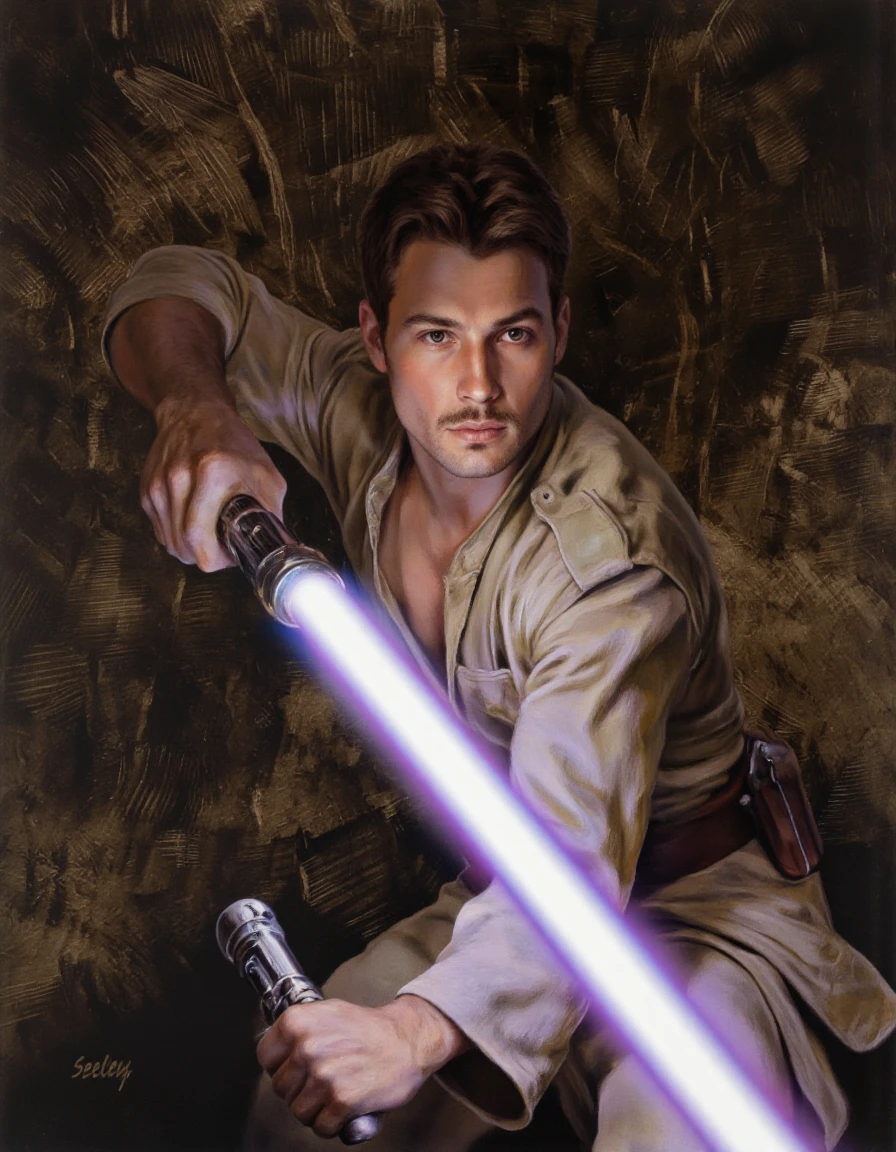 DaSeley style. A realistic digital painting of a muscular, shirtless man with short brown hair and a serious expression, holding a glowing lightsaber in a dramatic pose. he is positioned in the middle of the image, with his upper body facing the viewer and his eyes focused intently on something in the distance. the man appears to be in his mid-twenties, with a stubble beard and short, dark brown hair framing his face. his muscular physique is highlighted by the contrast between the two lightsabers, which are emitting a purple light, creating a dramatic effect. the background is a dark, textured, abstract pattern that adds to the intensity of the scene. the artist's signature, "seeley," is visible in the bottom left corner, adding a personal touch to the artwork.
1boy, looking at viewer, short hair, shirt, brown hair, holding, closed mouth, brown eyes, brown shirt, upper body, moustache, sword, holding sword, stubble, lightsaber, holding weapon, dueling lightsaber
camera_angle: close up, art_style: digital painting, location: indoor, background: dark, abstract background with a hint of rustic texture, text: NA, distance_to_camera: upper body;close up, clothing: military uniform;military uniform, image_composition: middle;bottom, pants: NA;NA;NA, accessory: KNIGHT;NIGHT, shoes: n/a;no, action: holding a lightsaber;holding weapon, facing_direction: facing viewer;looking at viewer;facing viewer, facial_expression: serious;serious, ear: NA>, eye_color: brown eyes;brown eyes, gender: 1man;1man, hair_colour: brown hair;brown hair, hair style: short hair;short hair, race: light skin;dark hair, body: muscular;muscular
