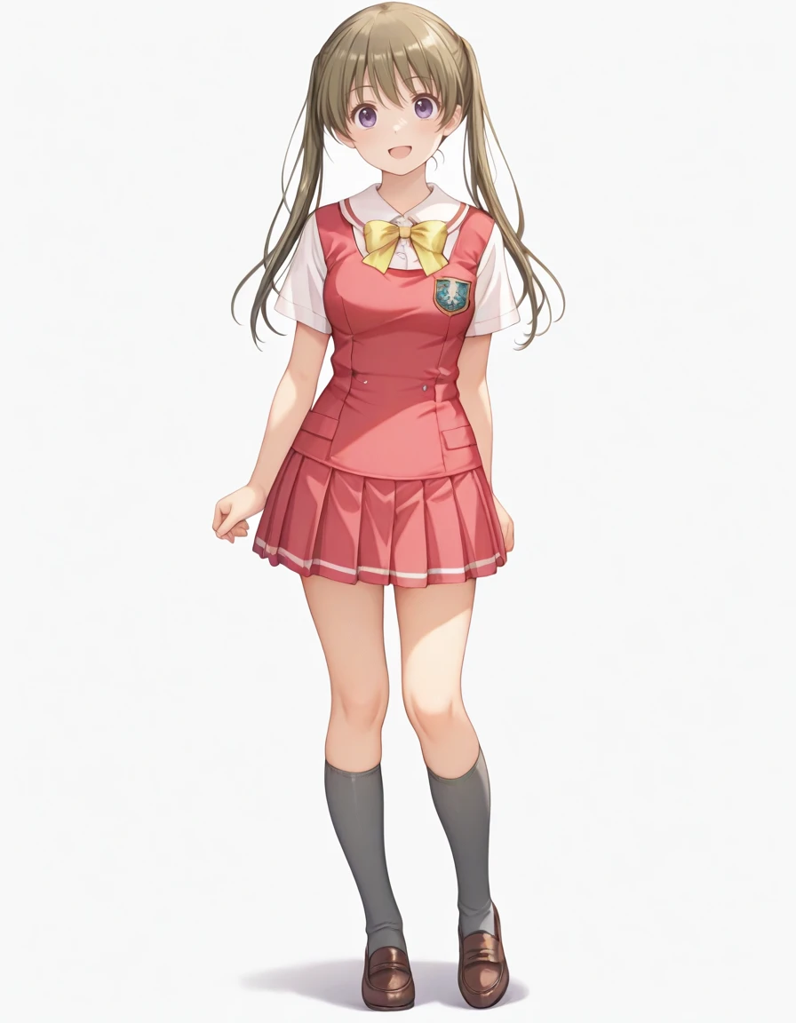 masterpiece, best quality, absurdres, <lora:kurusu_tomari_IL:1>, kurusu tomari, 1girl, solo, short sleeves, yellow ribbon tie, pleated skirt, school uniform, dark khaki hair, dark-pink pinafore, kneehighs, white shirts, loafers, pinafore, purple eyes, ribbon tie, dark-gray socks, dark-pink skirt, white background, from front, standing, full body, smile, open mouth, upright,