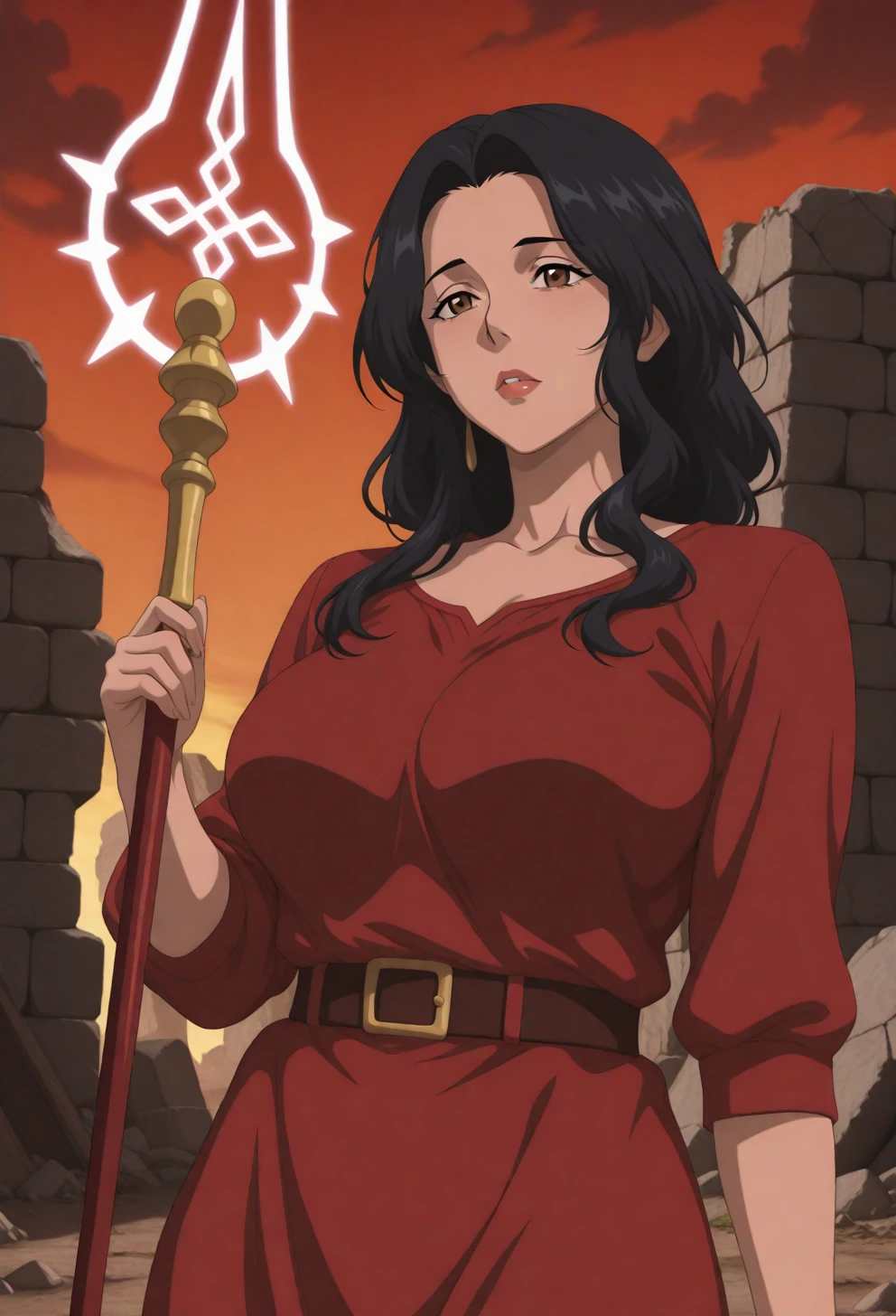<lora:Sysdeep_char20 - [Custom Character] - IllustriousXL v1:1> sysdeep_char20, 1girl, long hair, , black hair, brown eyes, mature female, solo, wavy hair, posing with magic staff, glowing runes, adventurous expression, stone ruins, anime coloring