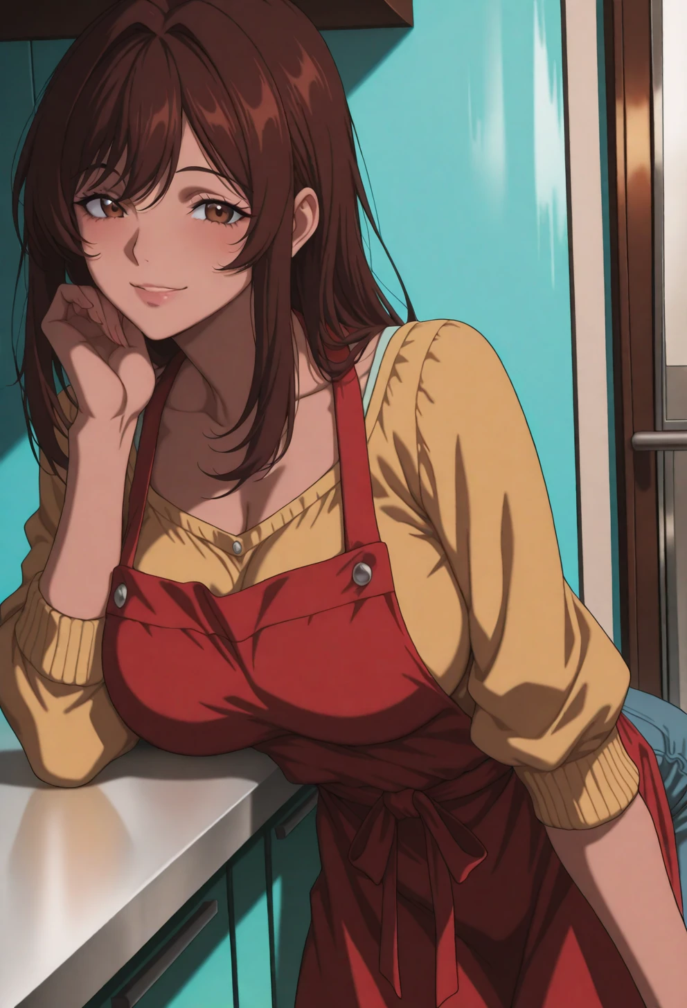 <lora:Sysdeep Char2 - [Custom Character] - IllustriousXL v1:1>,  sysdeep_char2, 1girl, long hair, large breasts, brown hair, brown eyes, leaning on counter, casual outfit, apron, mischievous smile