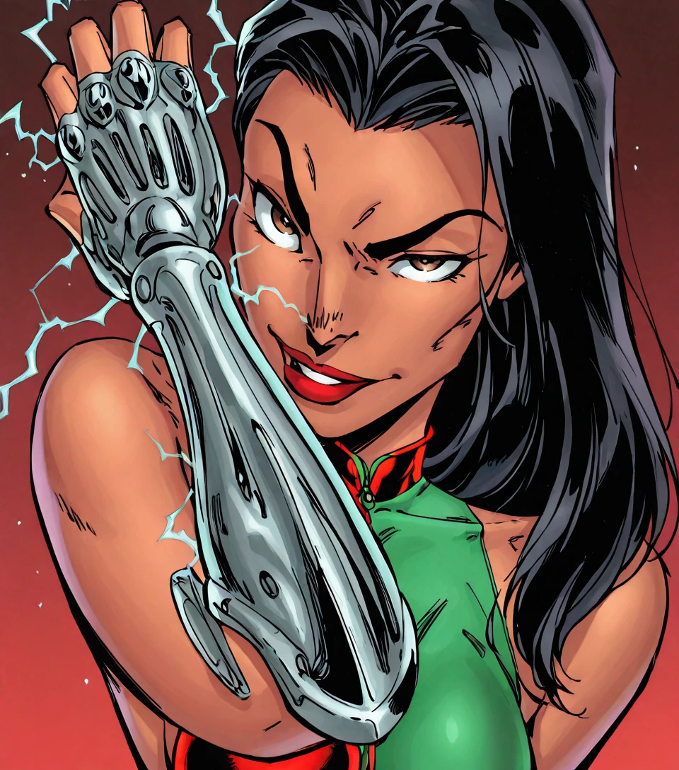 In the style of J Scott Campbell, retro, western, single panel, good drawing, cross hatching, sketch 1:1, high contrast, good coloring, 1 girl, solo, Sarah Rainmaker, Native American, long hair, black hair, brown eyes, detailed eyes, full suit, latex suit, asymmetrical clothes, red and green suit, bare shoulders, thin shaped eyes, red lips, high nose septum, confident, head up, sexy expression, mouth open, tongue visible inside, speaking, dark brown skin, tan skin, thick eye brows, one arm up, pointing her finger, fingerless silver gauntlet, electricity, sparks, face close up, side view, top angle, 3/4 head turn, dramatic lighting on face from electricity, gradient background, looking down at viewer