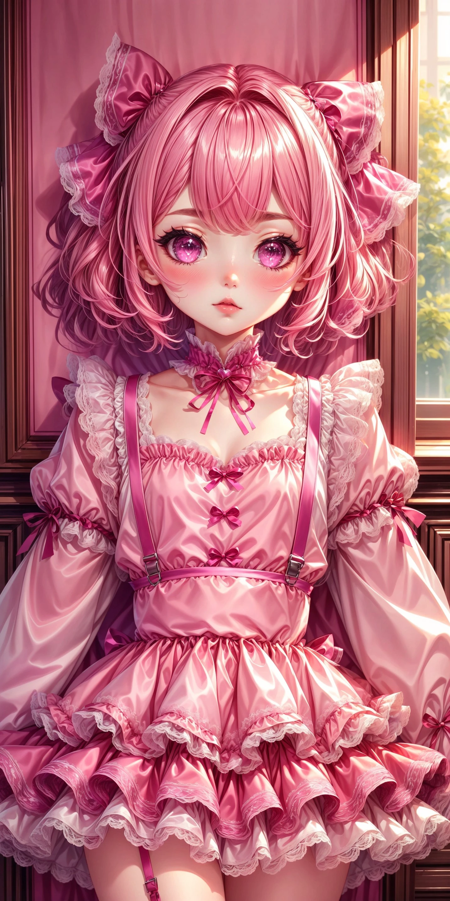 1girl, blushing, full face blushing, pink and fuchsia short puffy frilly dress, hot pink small chest ribbons, pink puffy long sleeves, pastel pink bodice, hot pink and fuchsia (sparkly lace-trimmed organza suspender_straps), fuchsia satin waistband, pastel pink, pink and fuchsia short attached sparkly lace-trimmed layered dress_skirt, fuchsia ruffles, pink frills, white lace, white lace trim, bows, fuchsia bows, fuchsia neck ribbon, , <lora:more_details:0.7>, <lora:scene_:0.5>, <lora:FashionComplexityEnhancerLORAv1:0.4>, <lora:5a038feb-5fbb-4f04-afa1-43f67a1b7995:0.6>, <lora:96073874-f082-4683-942e-601cecac5c40:0.3>, <lora:f7d08feb-f21d-42d0-9ef1-a9481867524d:0.3>, <lora:5844635f-c9c3-4f9e-85c4-d0d40f201159:0.3>, <lora:dde4416e-9f24-48d4-a965-d989baea5d73:0.2>, , ,