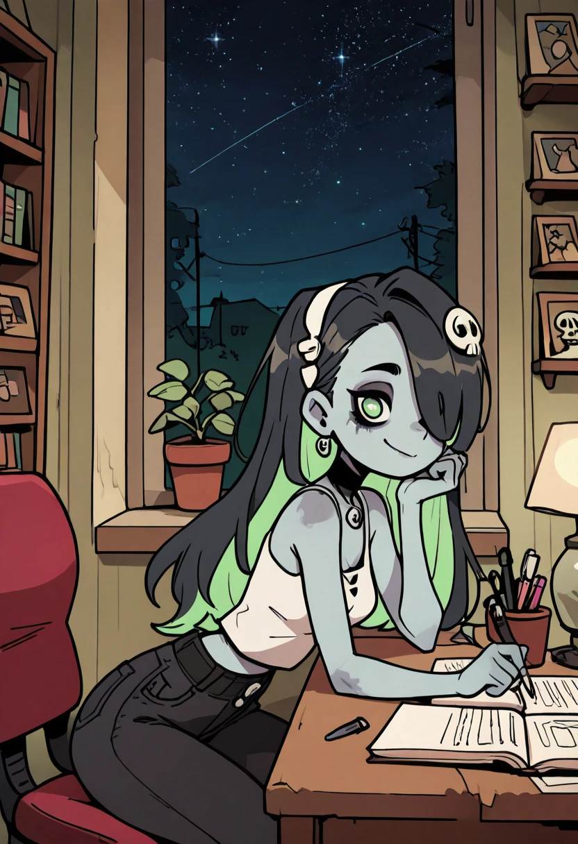 masterpiece, best quality, solo, curvy, beautiful eyes, narrow waist, wide hips, 1girl, solo, smile, looking at viewer, foreshortening, close up,    zzCadavera, green eyes, grey skin, hair over one eye, black hair, colored inner hair, green hair, hair ornament, long hair, multicolored hair, skull hair ornament, two-tone hair, zombie,  piercing, jacket, tank top, torn clothes, black pants, denim,  <lora:CadaveraDedeye_v2:1.0>, , zzLofi, sitting, side view, desk, chair, book, bookshelf, head rest, holding, holding pen, lamp, night, open book, pen, plant, potted plant, sky, star (sky), starry sky, window, windowsill, writing, <lora:LofiGirl_Style_IXL:0.8>,