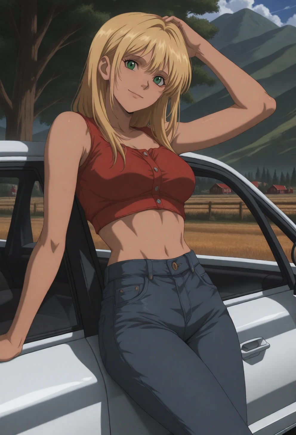 <lora:Sysdeep_char23 - [Custom Character] - IllustriousXL v1:1> sysdeep_char23, 1girl, long hair, blonde hair, green eyes, solo, medium breasts, leaning on car, countryside, jeans, crop top, confident smile, anime coloring