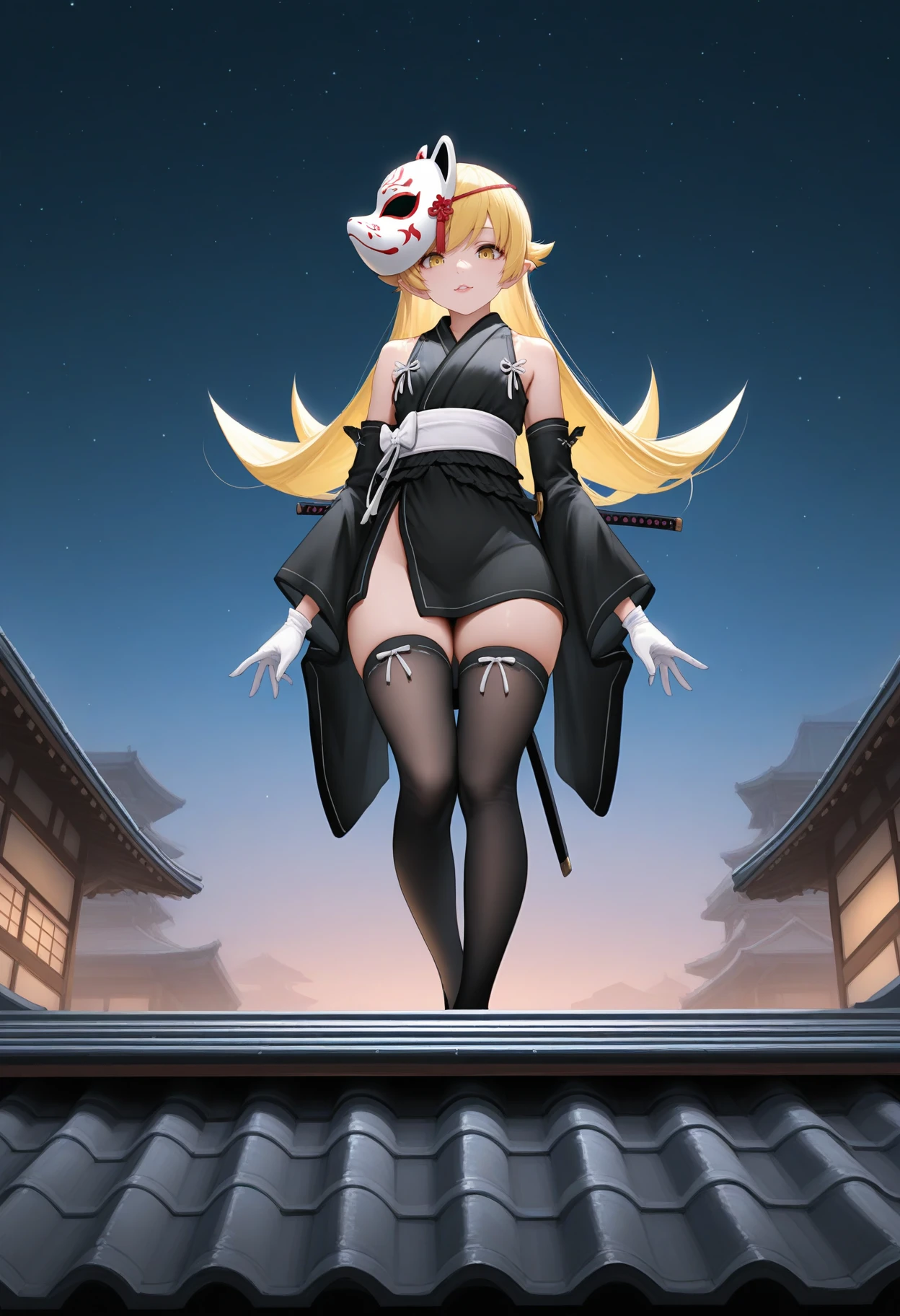 masterpiece, best quality, amazing quality, newest,
<lora:fox mask katana_IL:1>, FMK, 1girl, solo, white fox mask, mask on head, blonde long hair, yellow eyes, pointy ears, lips, oshino shinobu,
shoulders, long sleeves, detached sleeves, sleeveless, wide sleeves, black short kimono, white gloves, obi, black thighhighs, zouri,
, sheathed, short katana on back,
standing on roof, on roof, from below, starry sky, solo focus,
BREAK japanese architecture, night, outdoors,