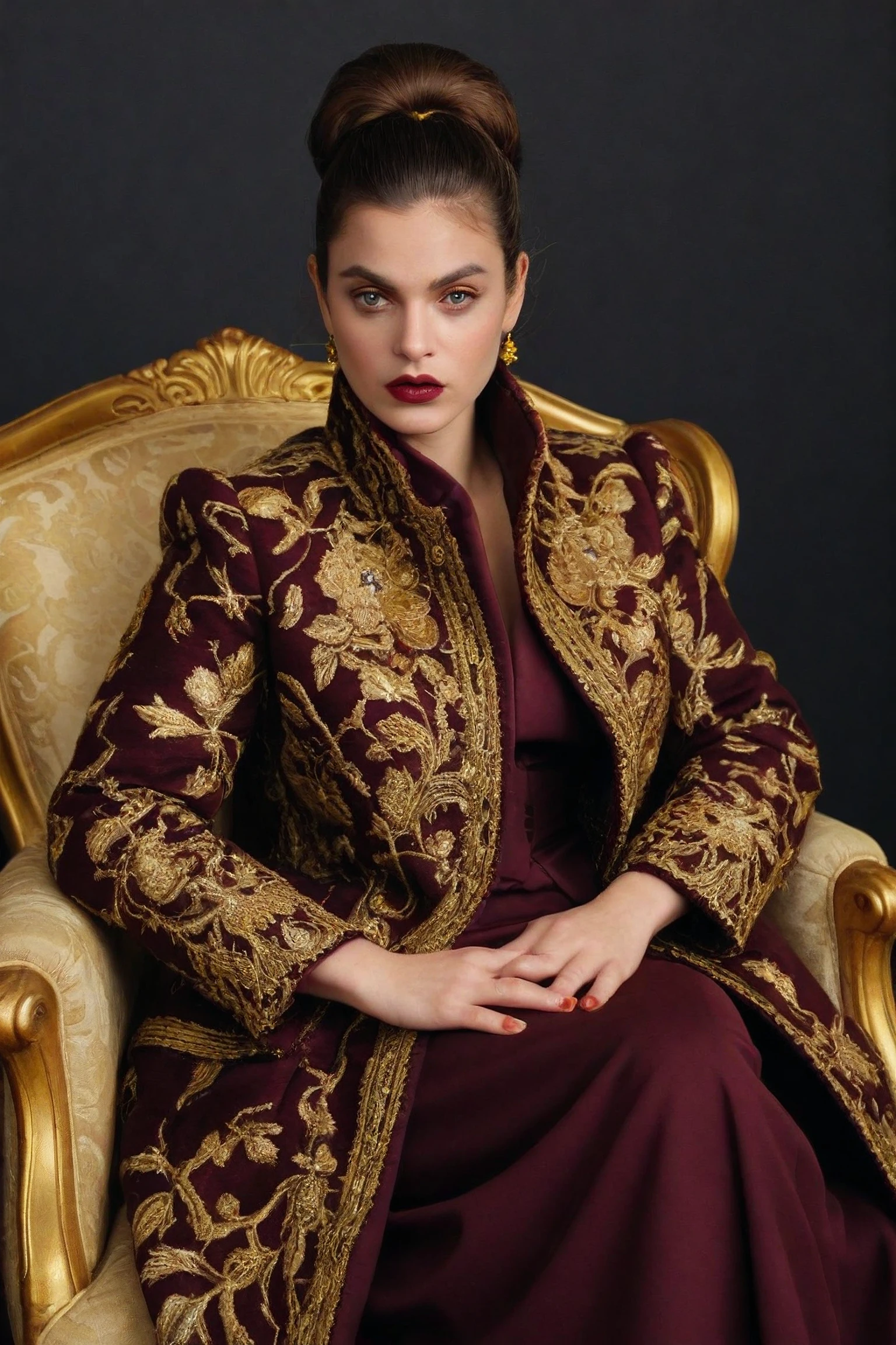 sv-constance, sitting on an overstuffed chair, luxury, gilded, embroidered coat, formal hairstyle, deep burgundy, yellow, gold, lipstick, masterpiece, portrait, formal